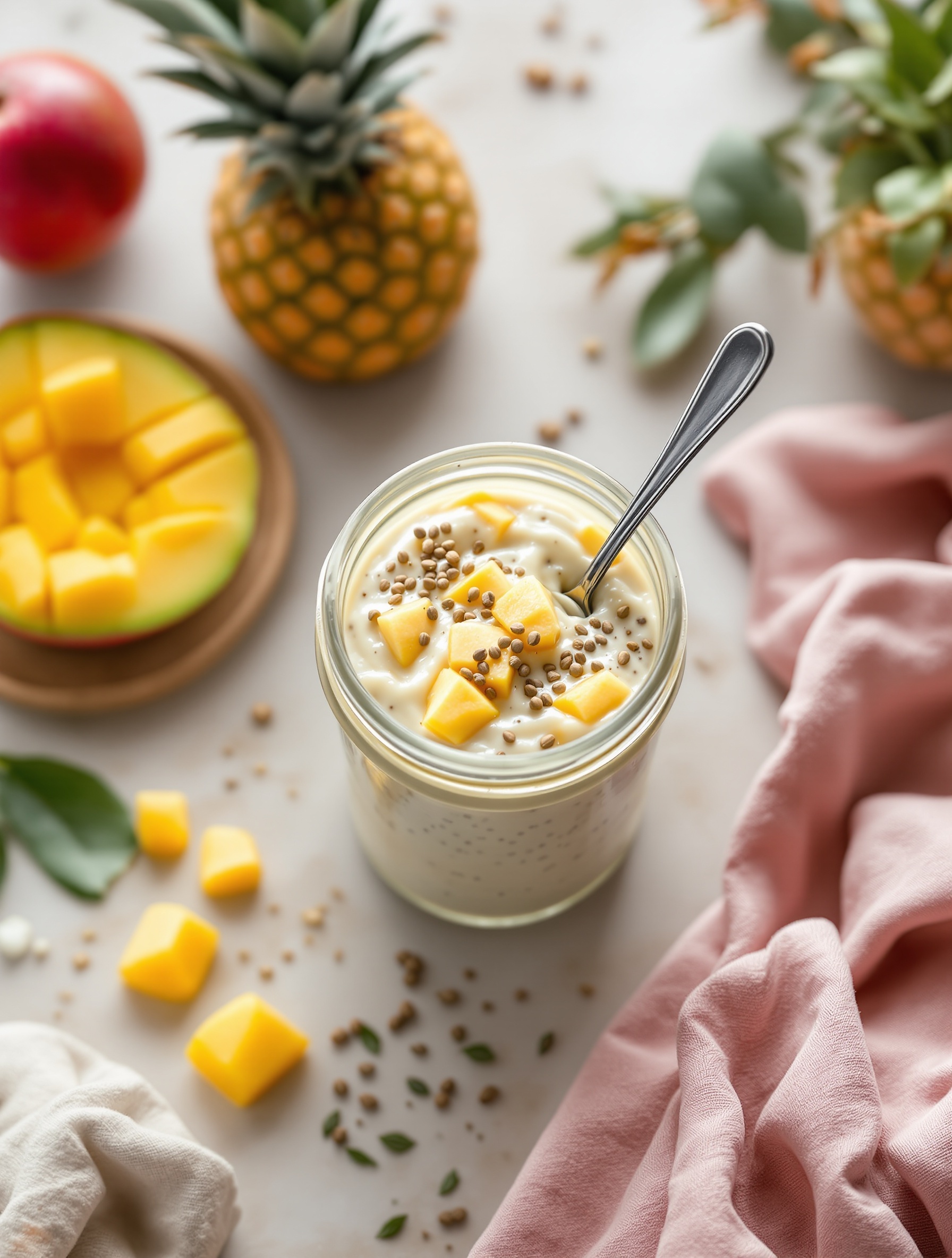 A jar of mango coconut chia pudding topped with mango cubes and seeds, surrounded by fresh fruits.