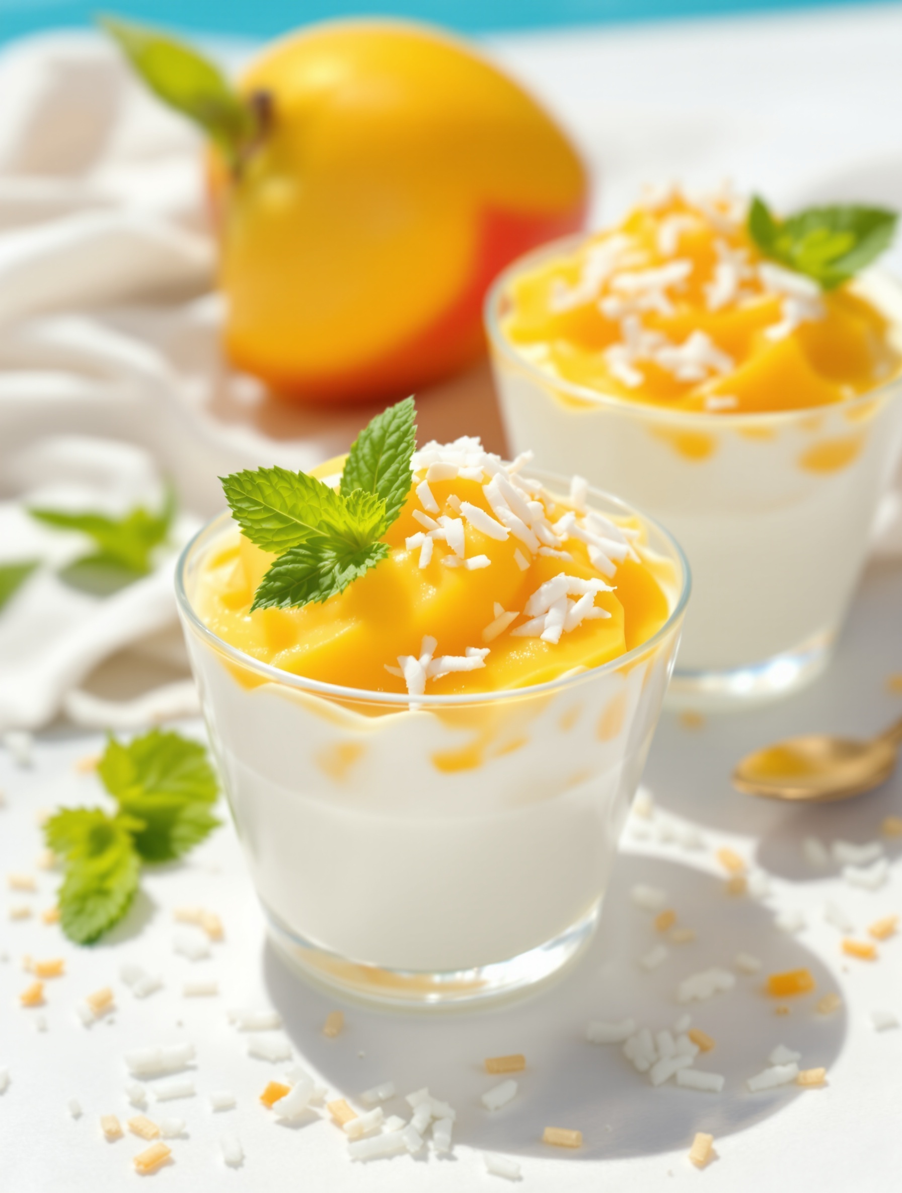 Two mango coconut pudding cups topped with mango puree and shredded coconut, with a ripe mango in the background.