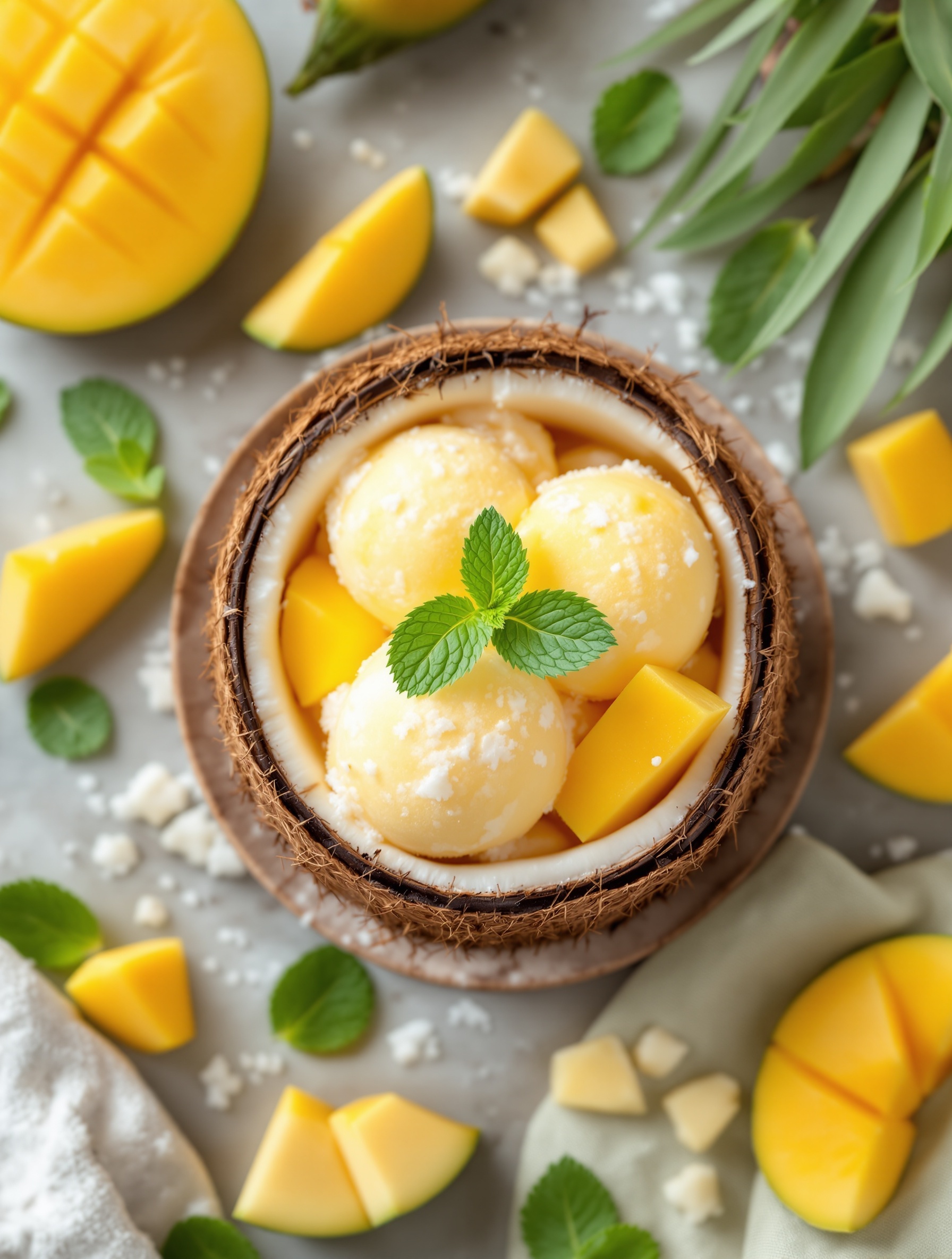 A bowl of mango coconut sorbet served in a coconut shell, surrounded by mango chunks and mint leaves.