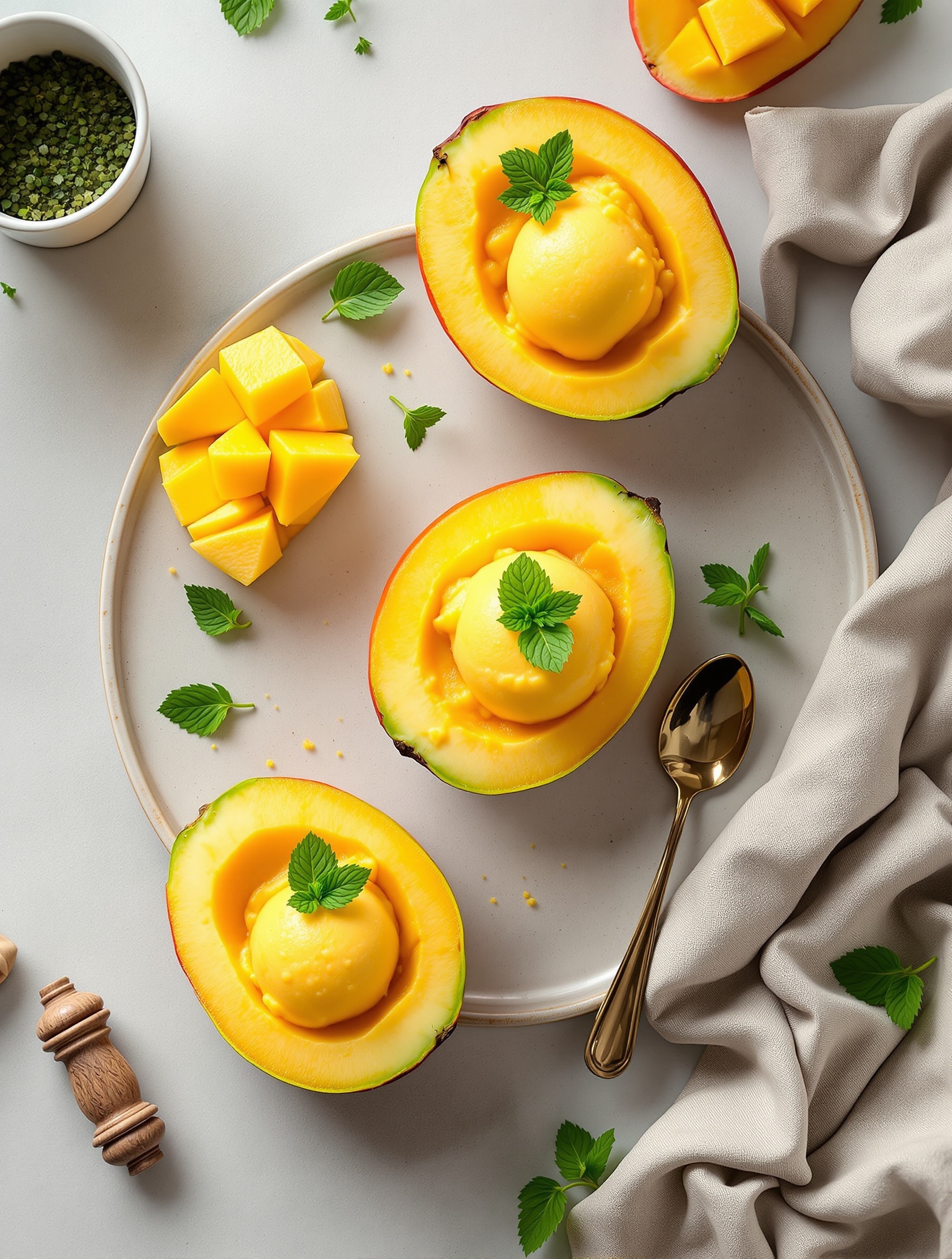 Mango sorbet served in fresh mango shells with mint leaves