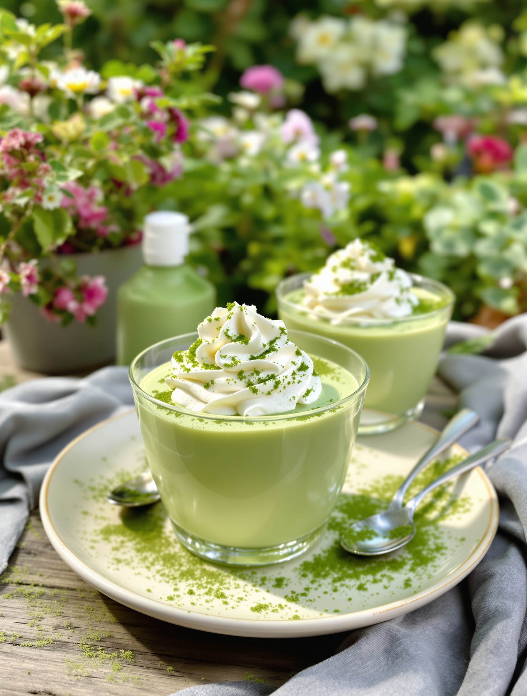 Two matcha green tea pudding cups topped with whipped cream and matcha powder, surrounded by flowers and greenery.