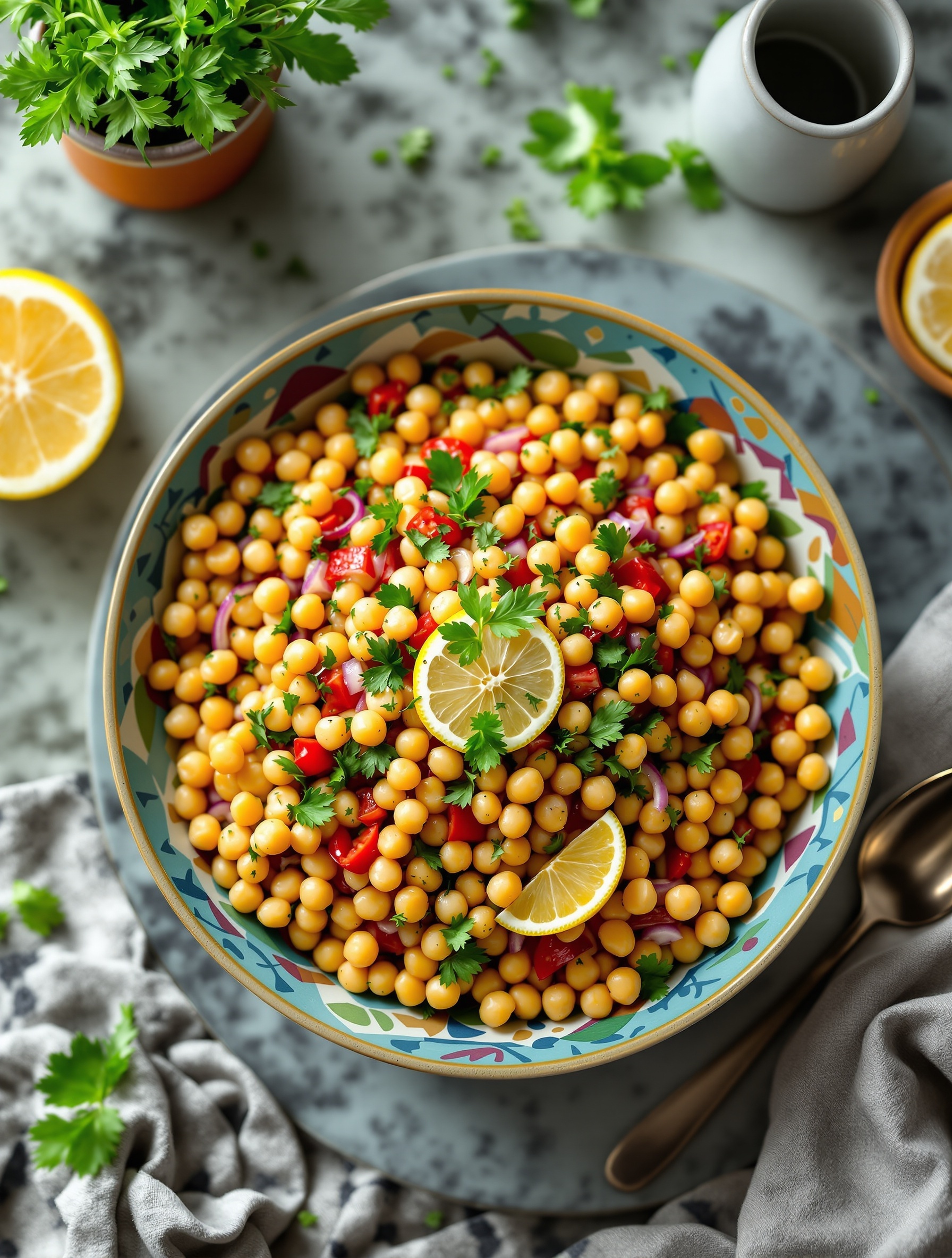 A colorful Mediterranean Chickpea Salad with chickpeas, tomatoes, red onion, and lemon slices in a decorative bowl.