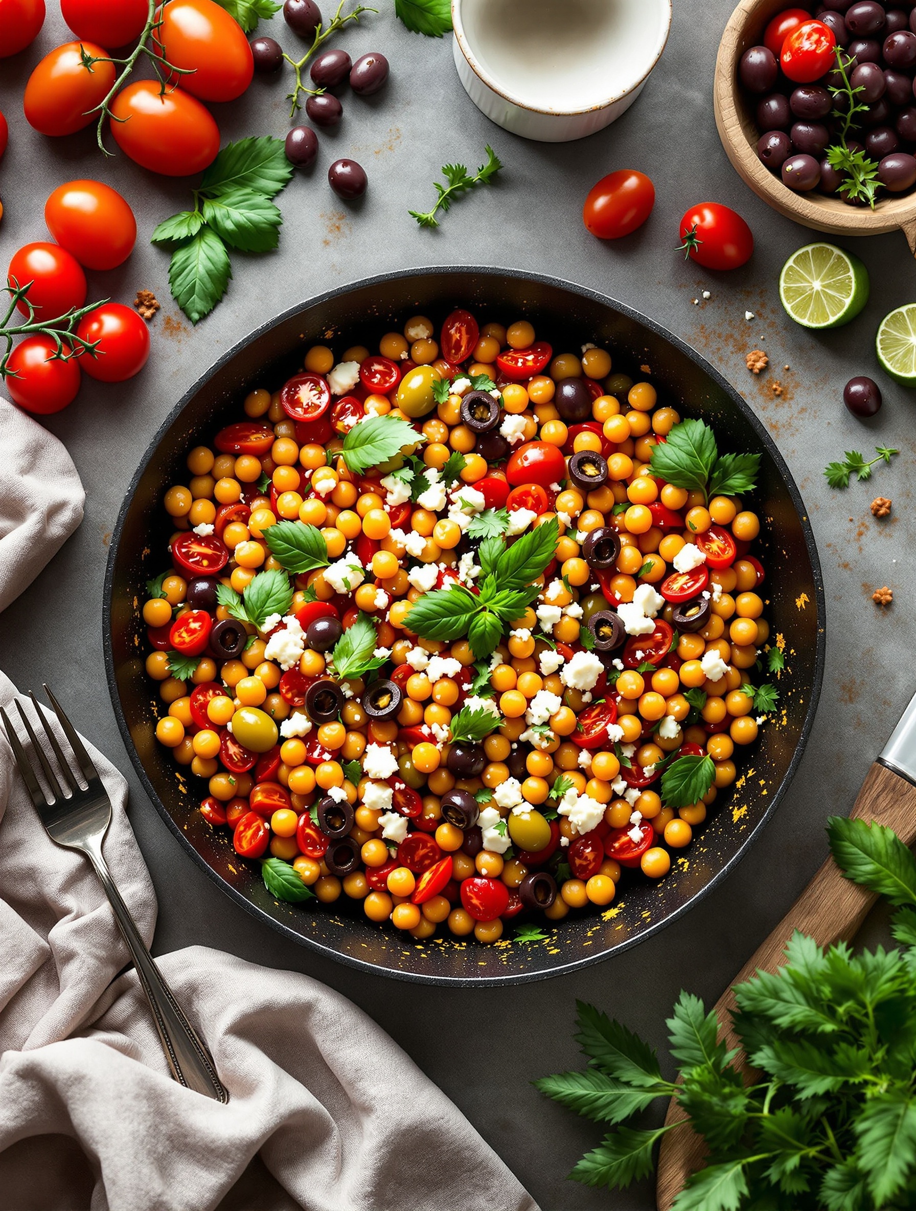 A colorful Mediterranean Chickpea Skillet with cherry tomatoes, olives, and fresh herbs.