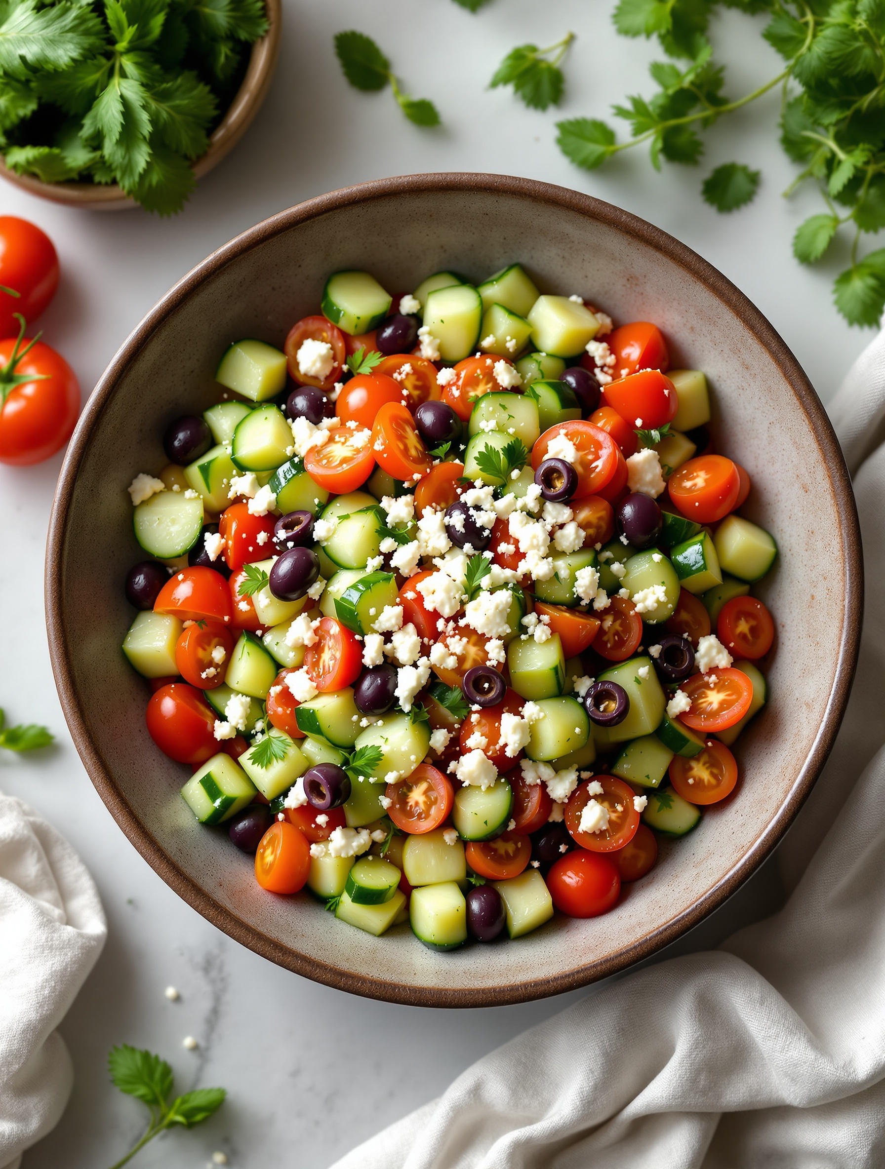 A colorful Mediterranean cucumber salad with feta, cherry tomatoes, and olives in a bowl.