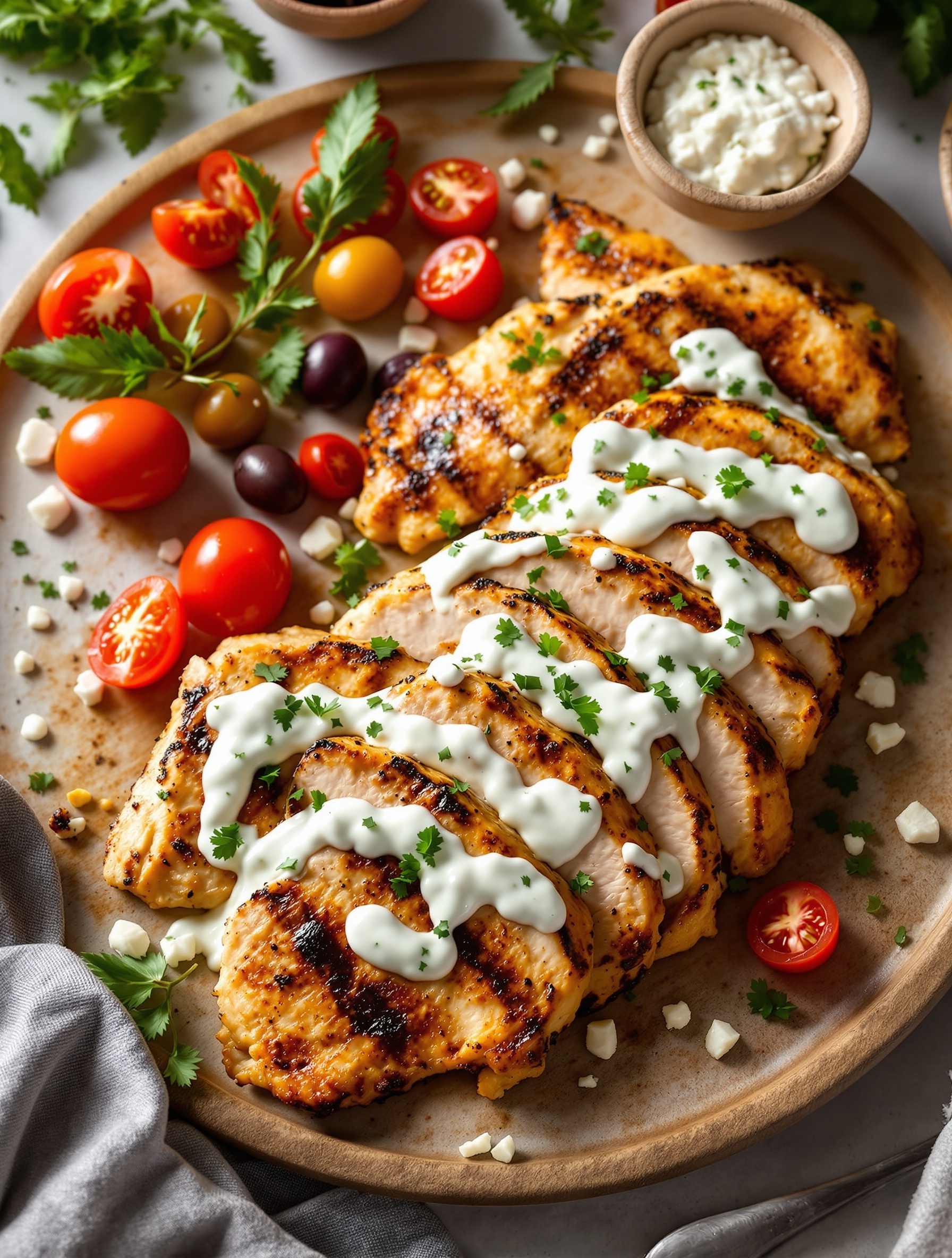 Grilled chicken served with tzatziki sauce, cherry tomatoes, and olives on a wooden platter.