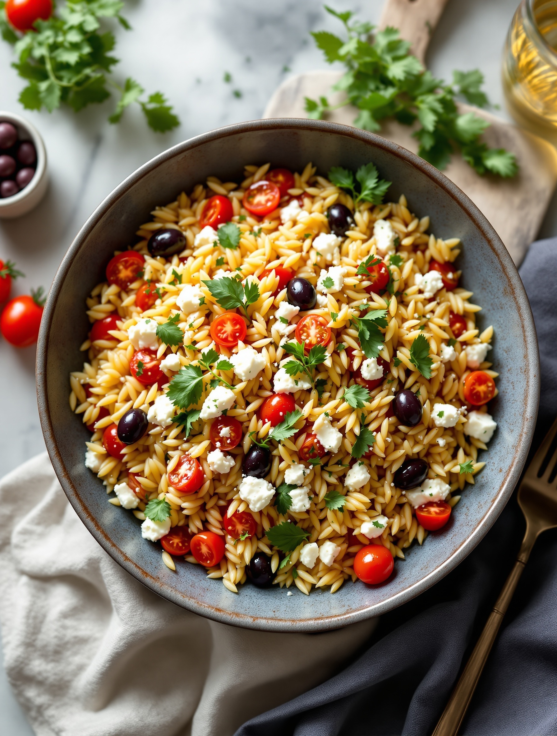 A bowl of Mediterranean Orzo Salad with cherry tomatoes, black olives, feta cheese, and parsley.