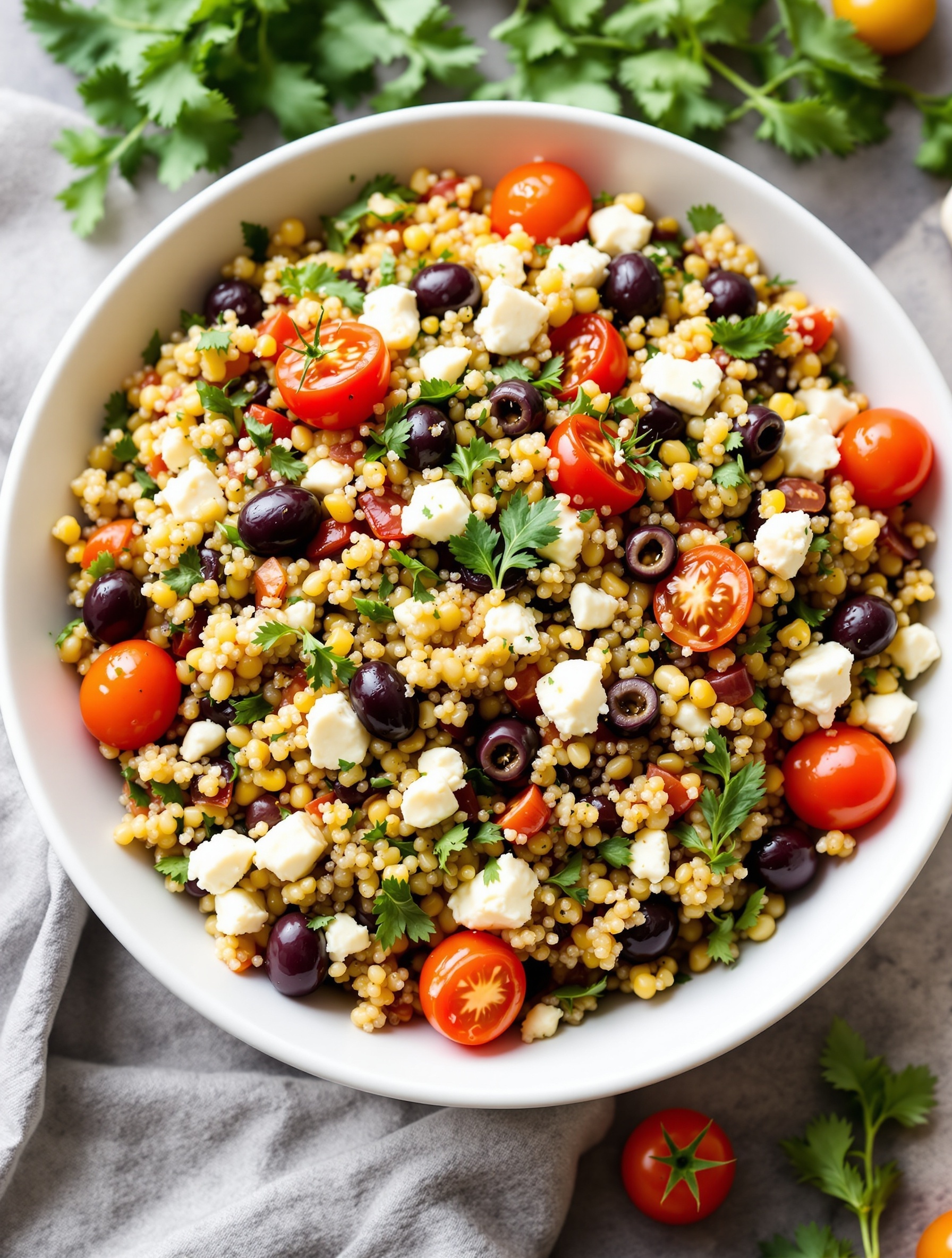 A vibrant Mediterranean Quinoa Salad with cherry tomatoes, olives, and feta cheese.