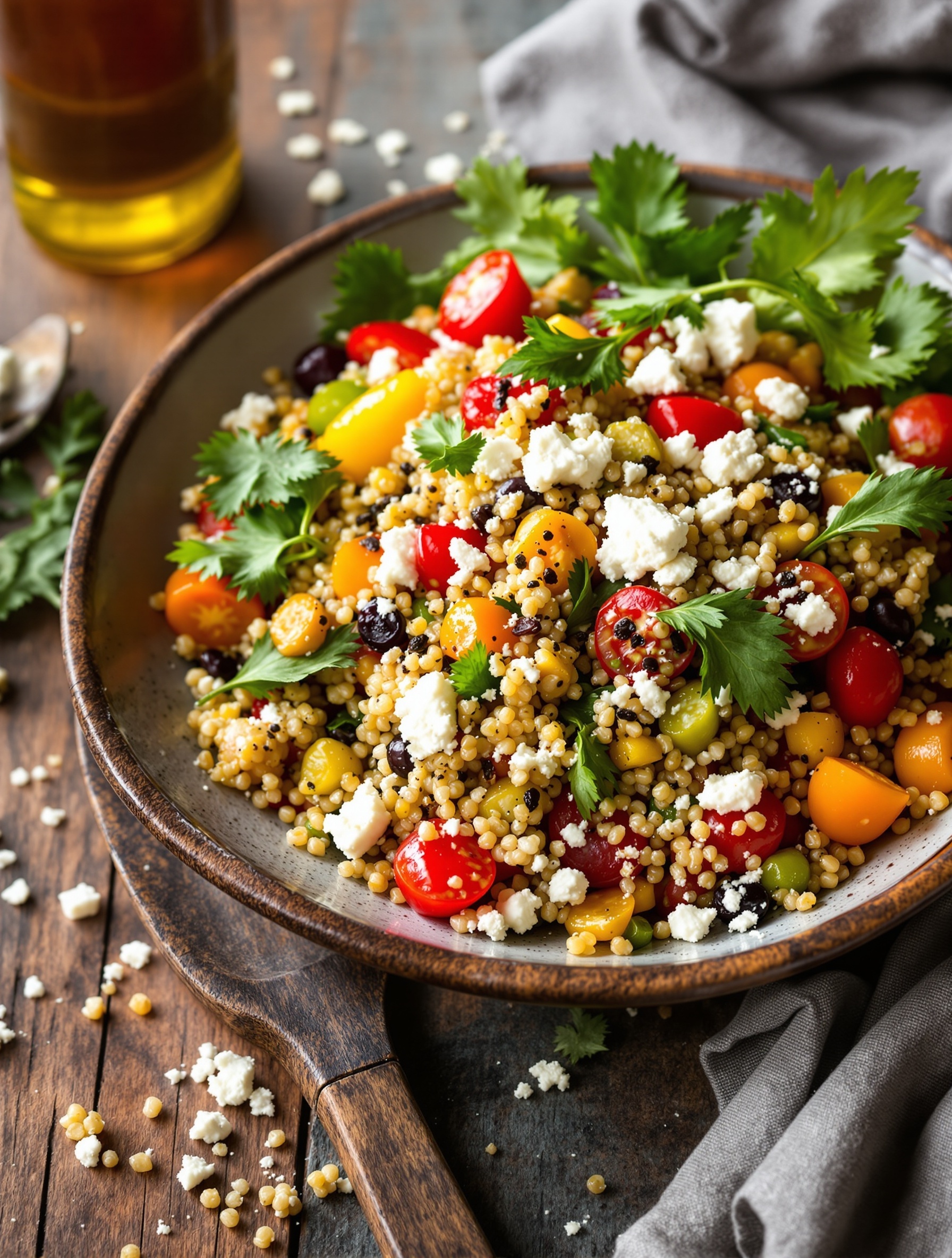 A bowl of Mediterranean quinoa salad with colorful vegetables and feta cheese