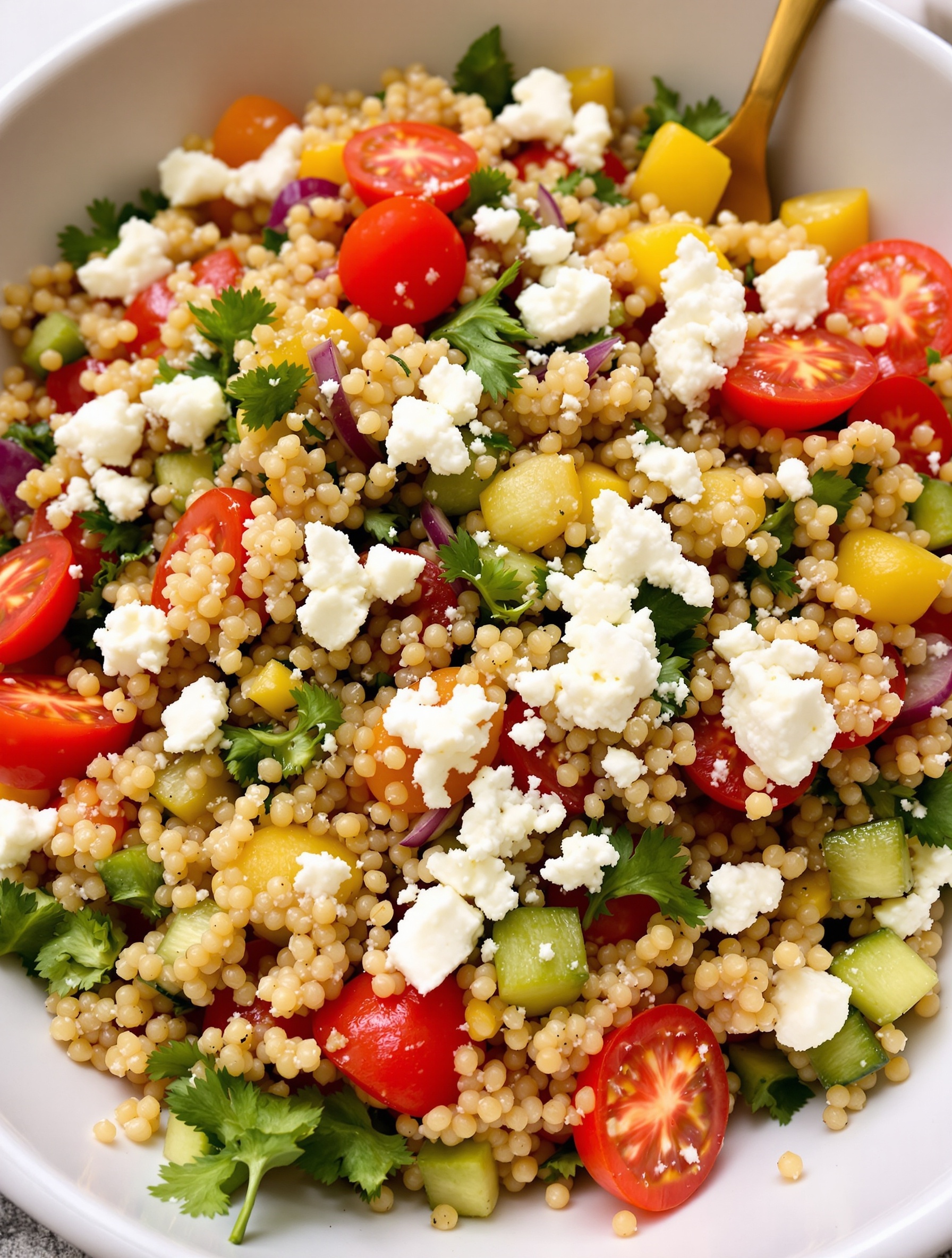 A colorful Mediterranean quinoa salad with cherry tomatoes, cucumbers, bell peppers, and feta cheese.