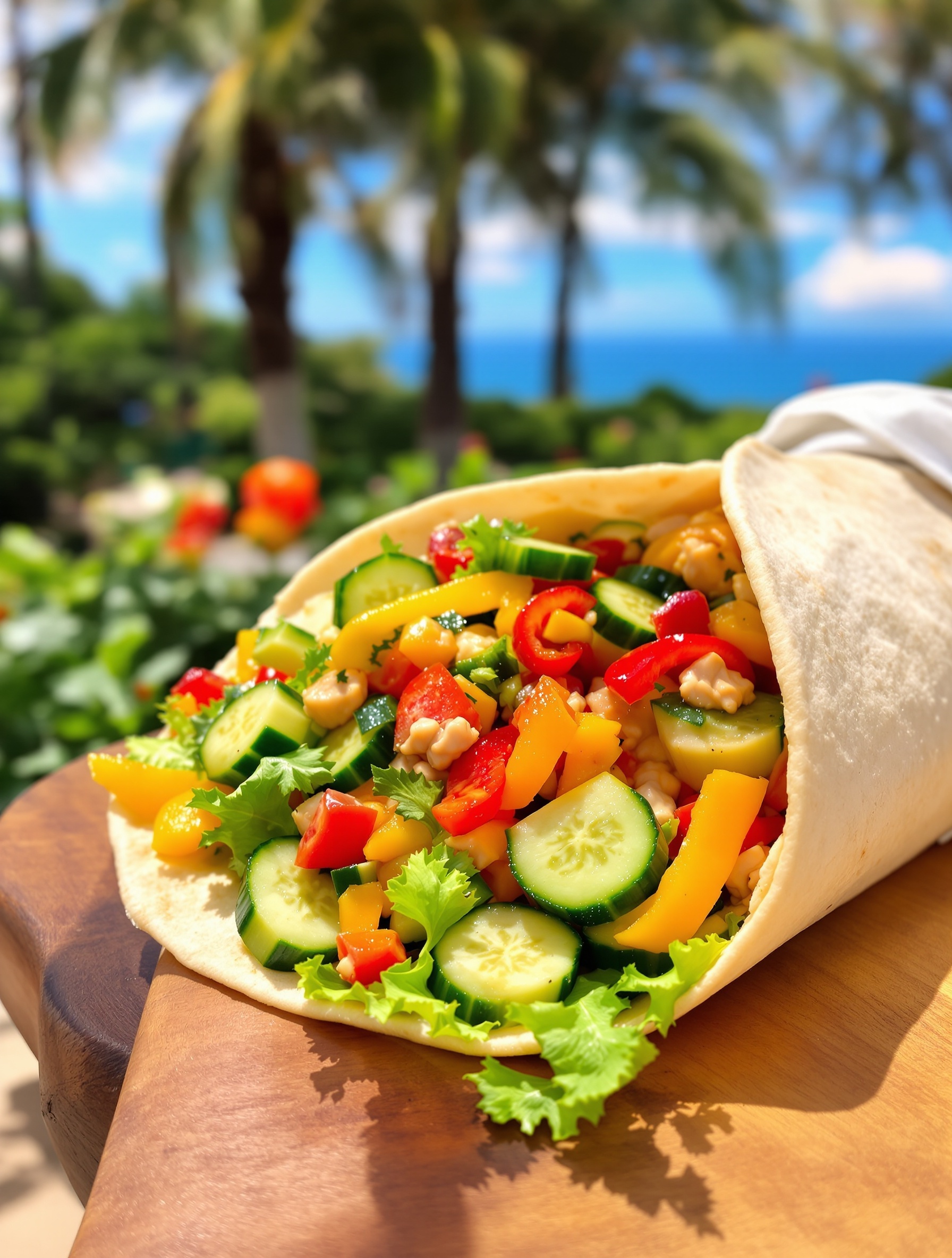 A colorful Mediterranean veggie wrap filled with fresh vegetables.