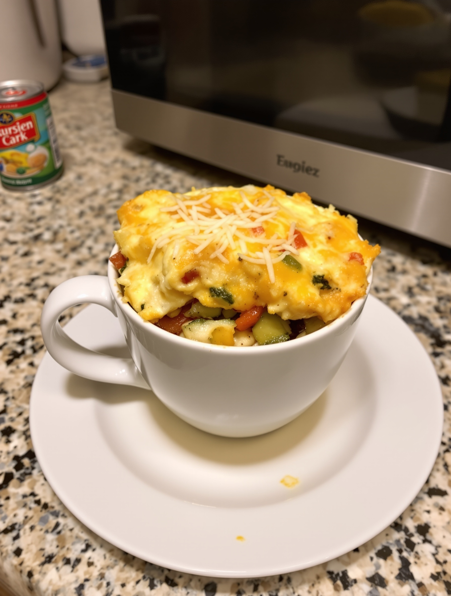 A colorful microwave mug omelette topped with vegetables and cheese, surrounded by fresh ingredients.