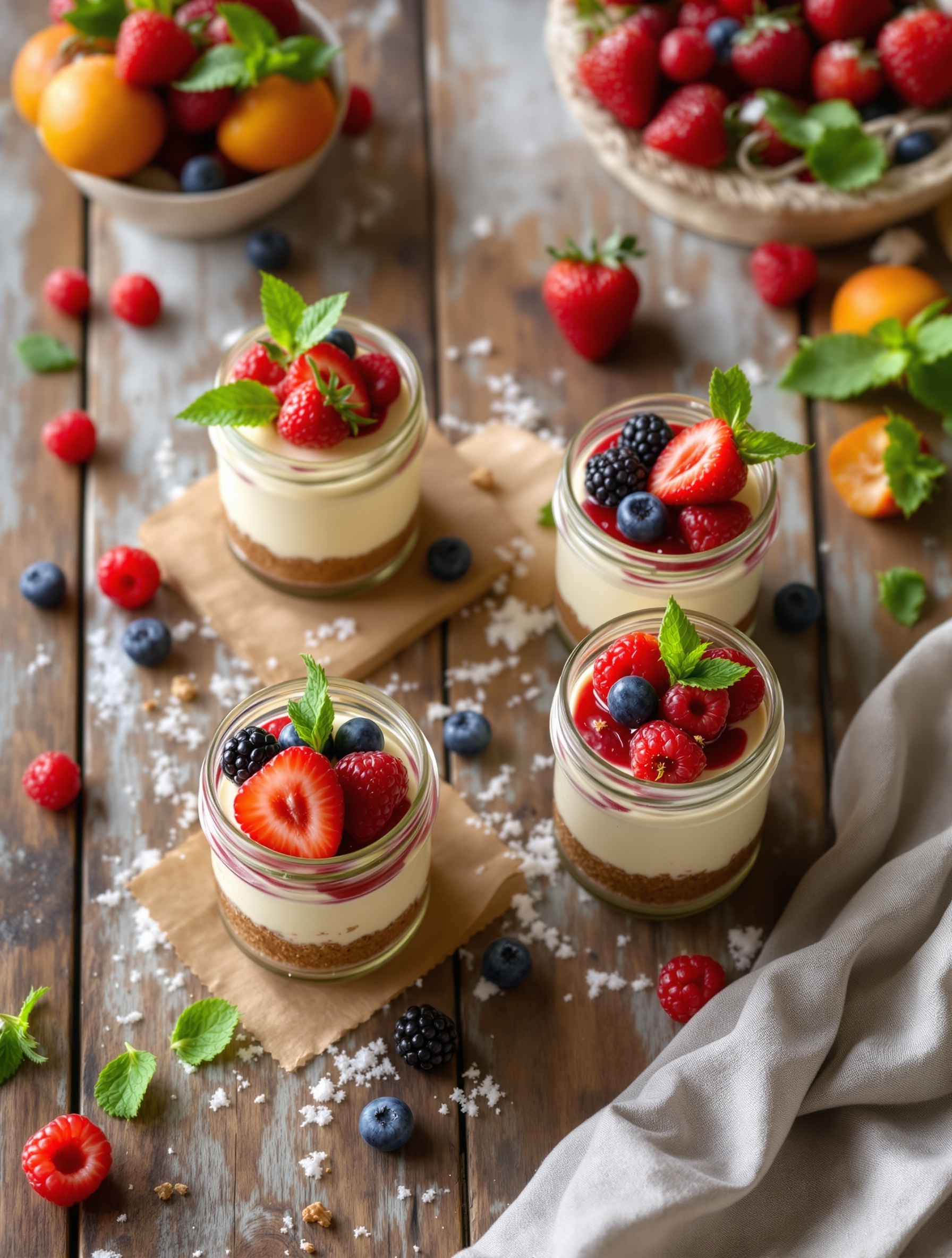 Mini cheesecake jars topped with fresh berries and mint leaves on a wooden table.