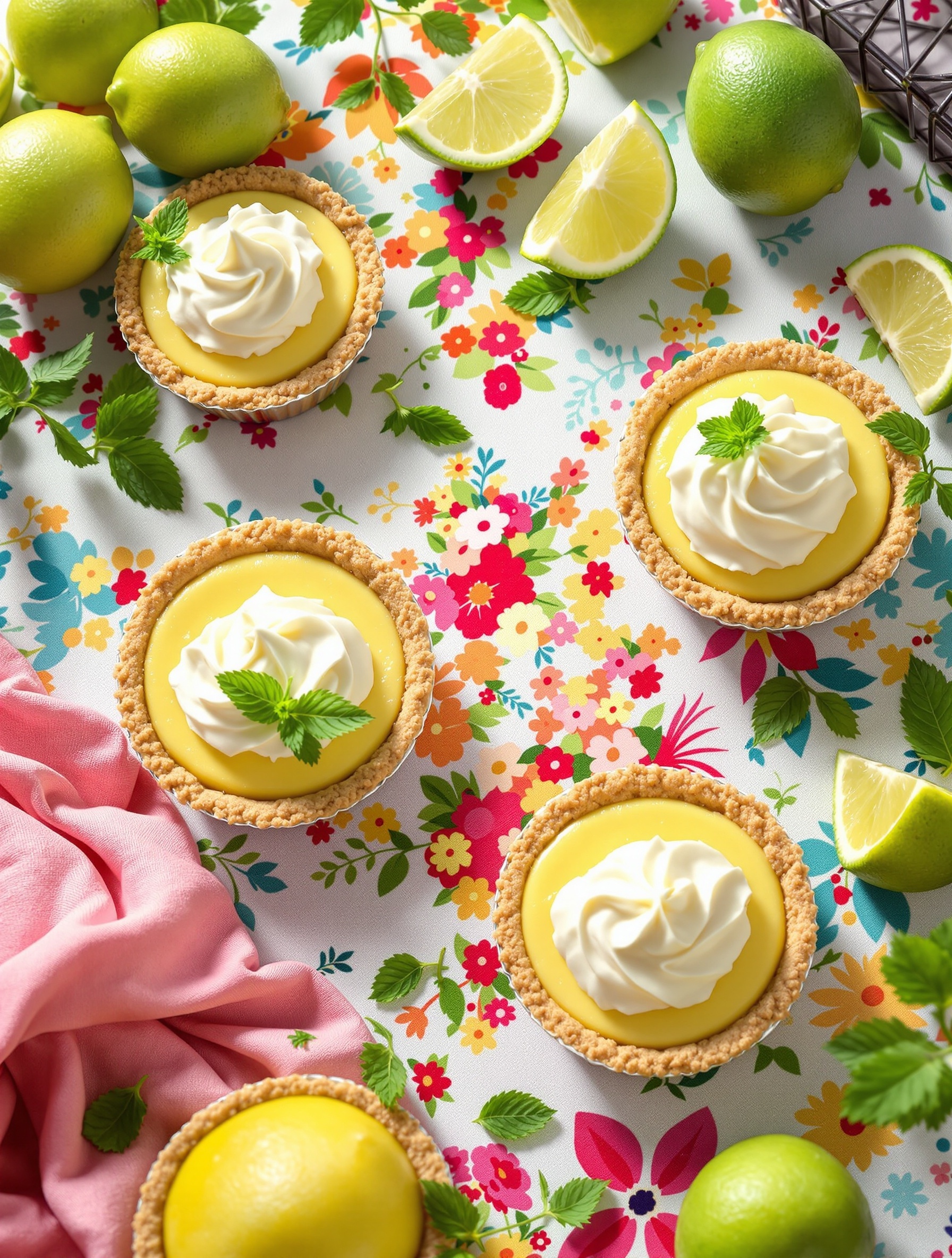 Mini key lime pies on a colorful floral tablecloth with fresh limes and mint leaves.