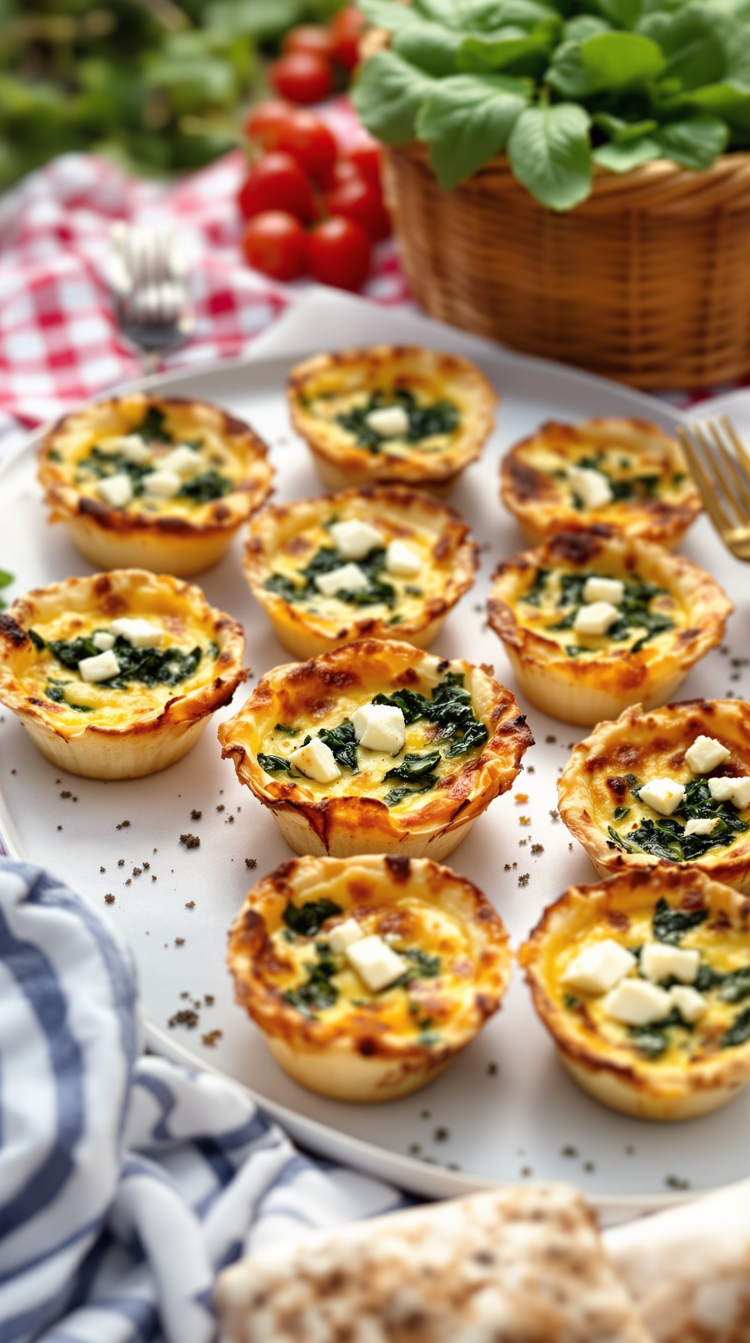 A platter of mini quiches with spinach and feta, surrounded by fresh tomatoes and a basket of greens.