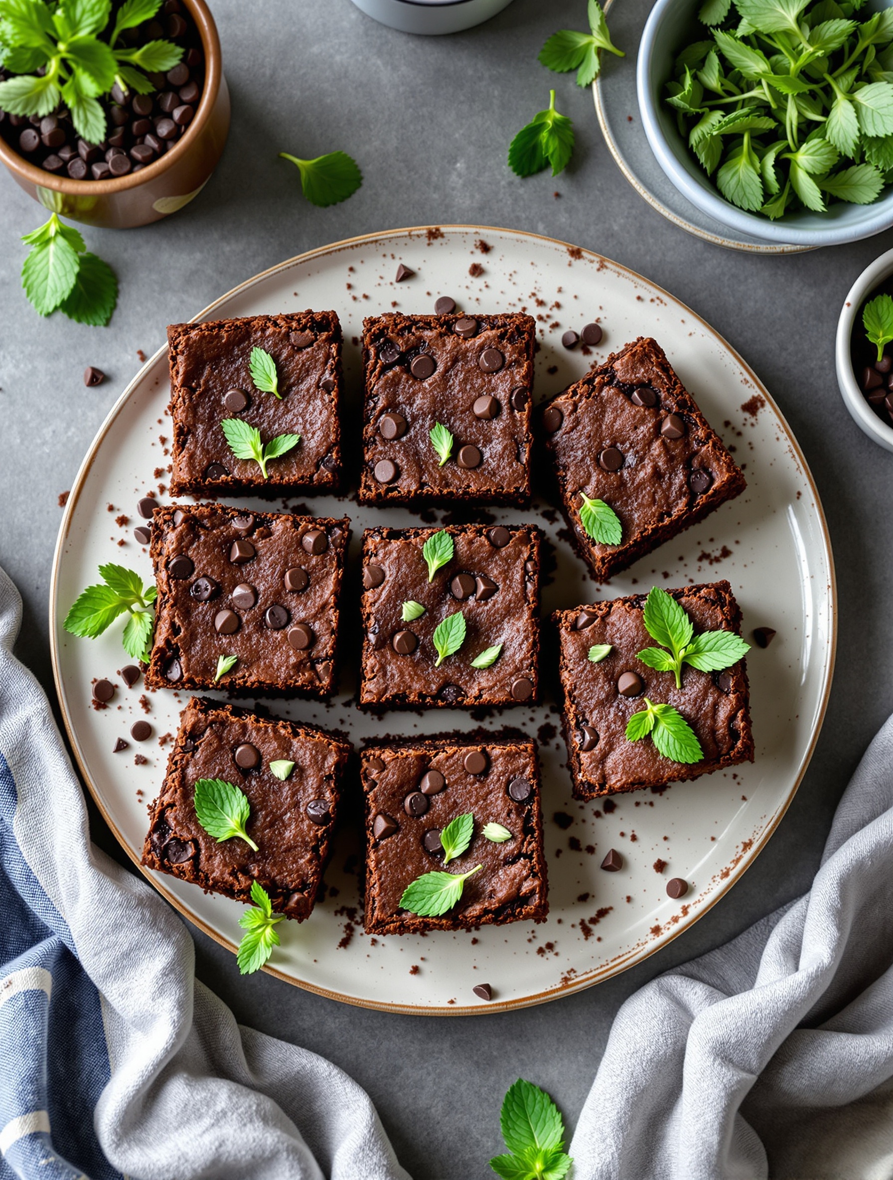 A plate of mint chocolate chip brownies garnished with mint leaves.