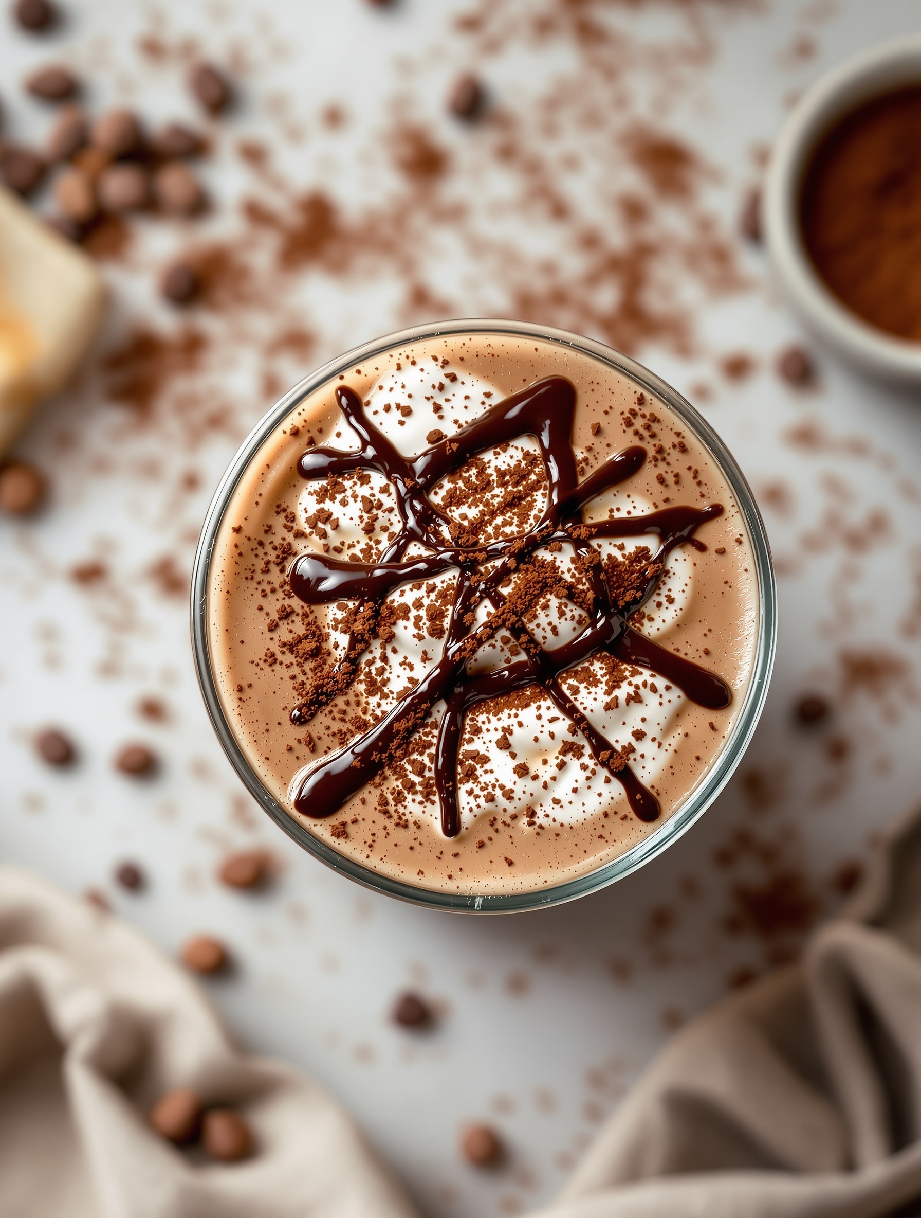 A glass of mocha iced coffee topped with whipped cream and chocolate syrup, surrounded by coffee beans.