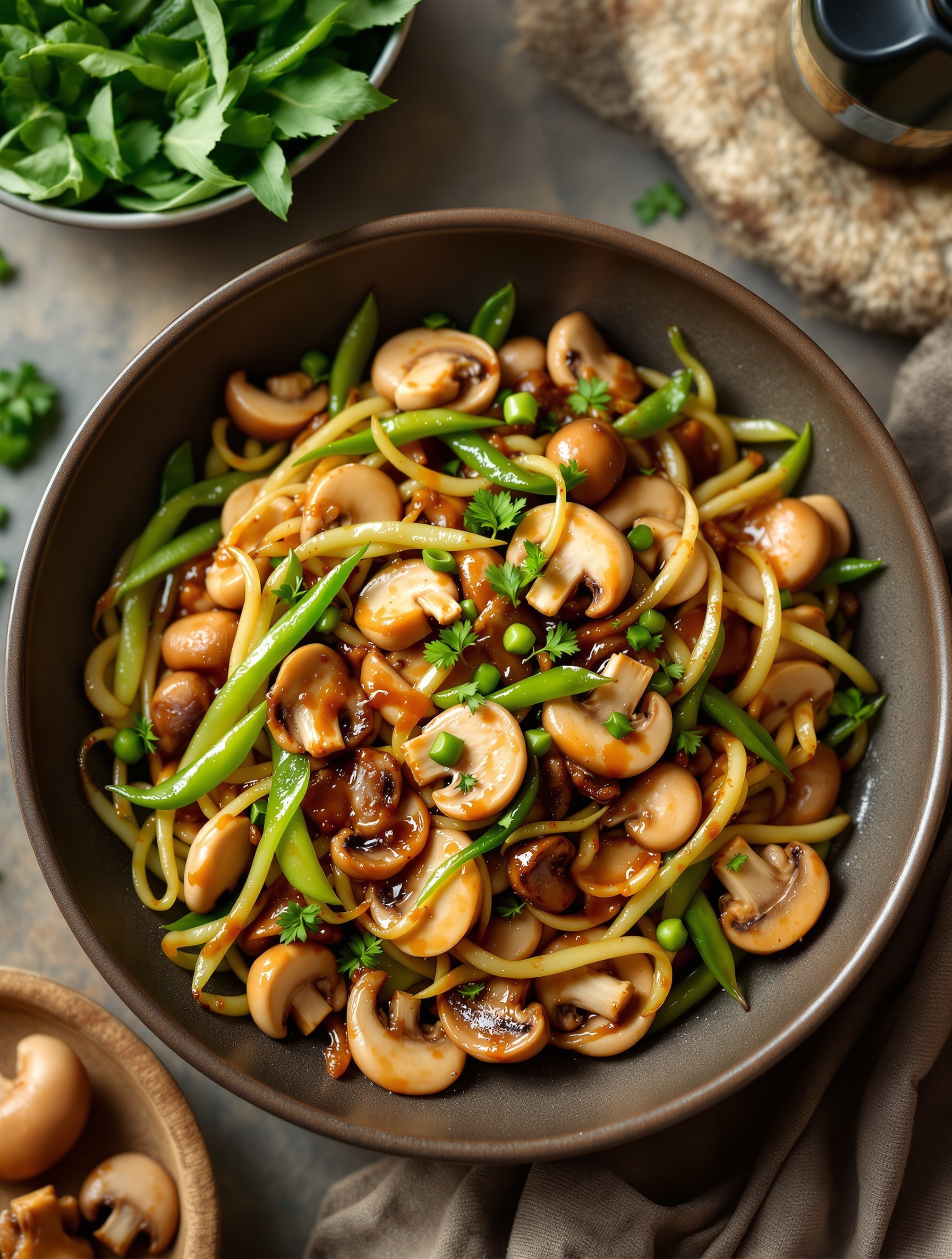 A vibrant bowl of mushroom and snap pea stir fry, garnished with cilantro.