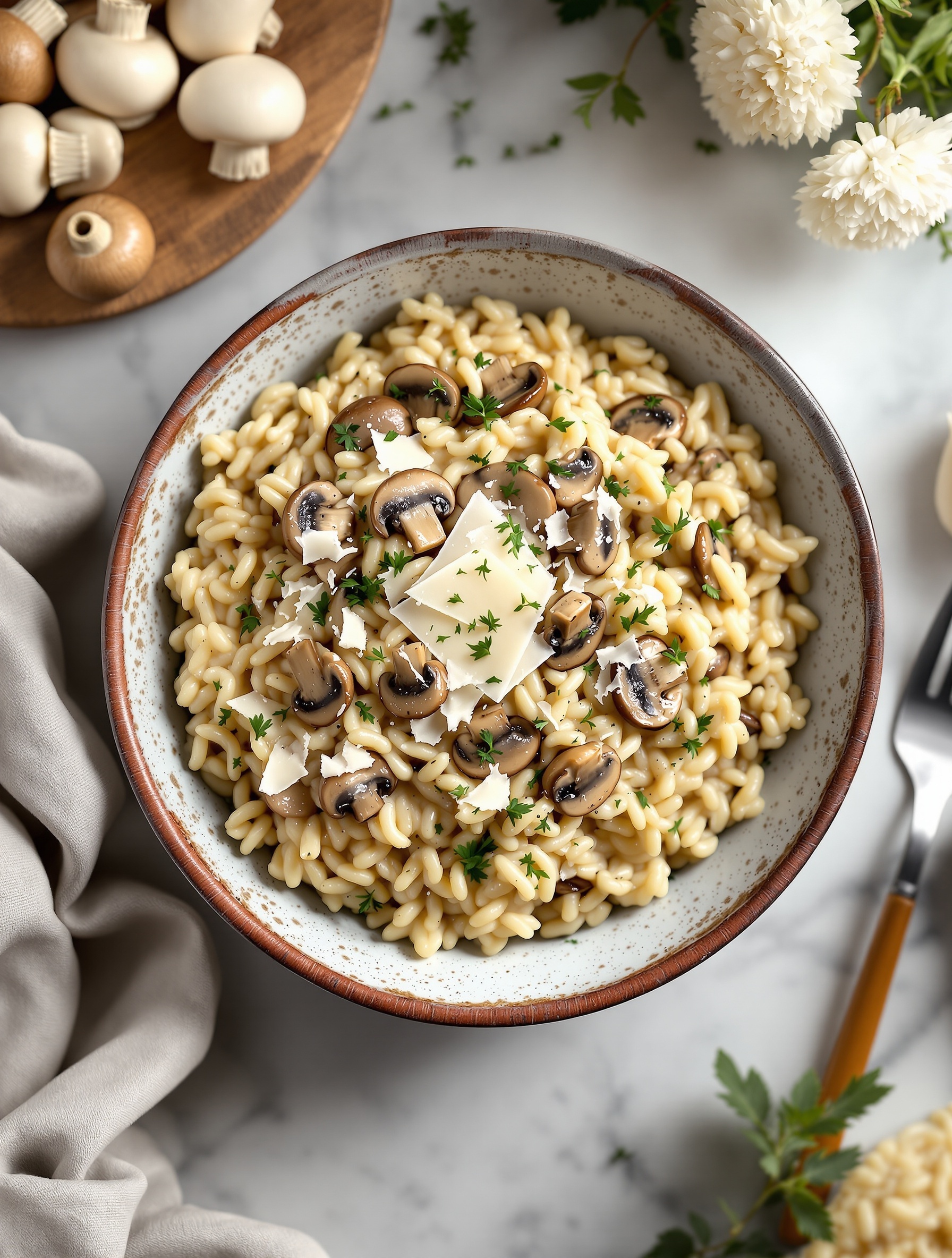 A bowl of creamy mushroom risotto topped with sliced mushrooms and herbs.