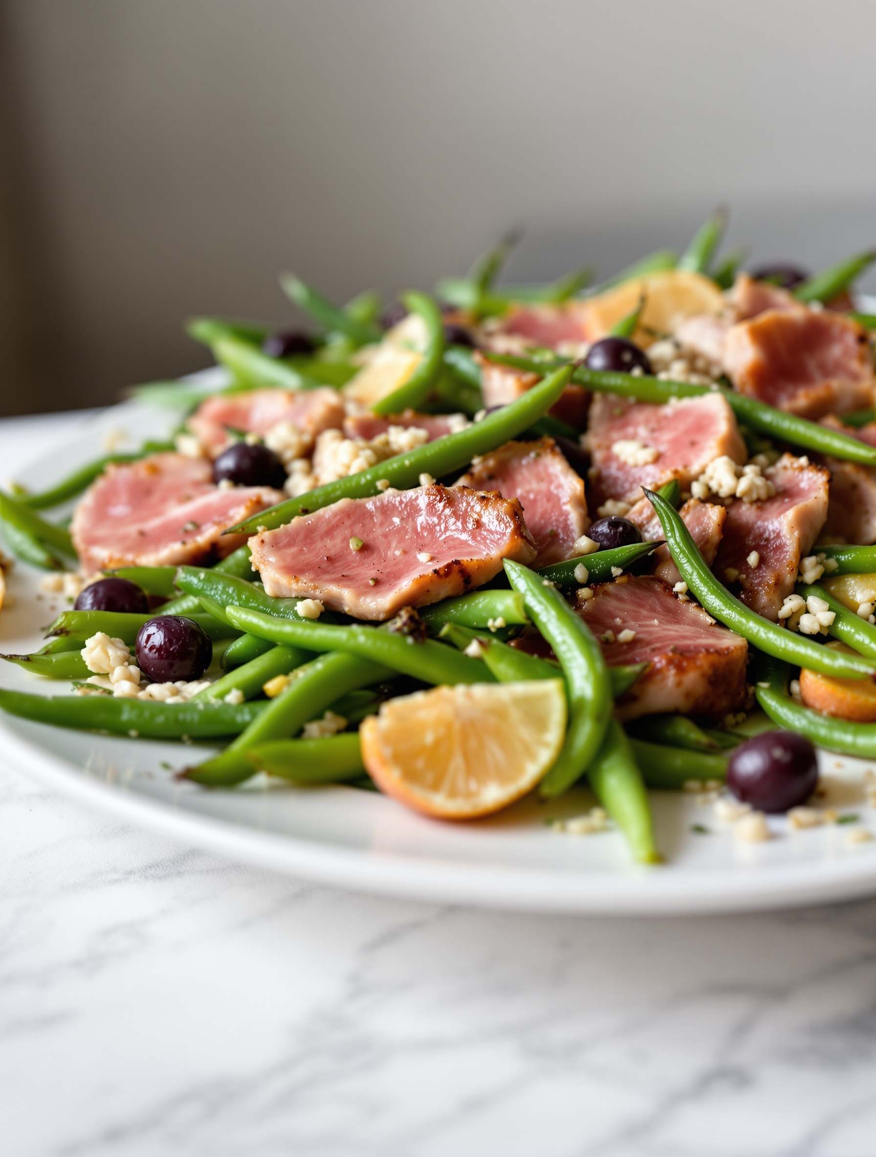 A colorful Nicoise salad featuring seared tuna, green beans, olives, and citrus slices.