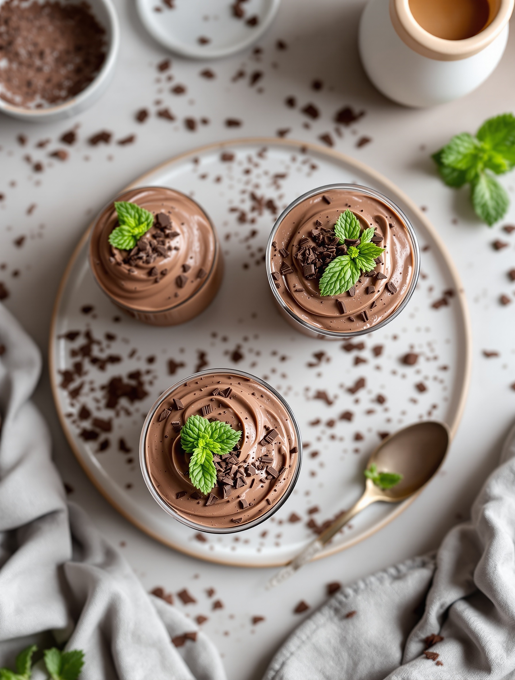 No-bake chocolate mousse cups topped with mint and chocolate shavings