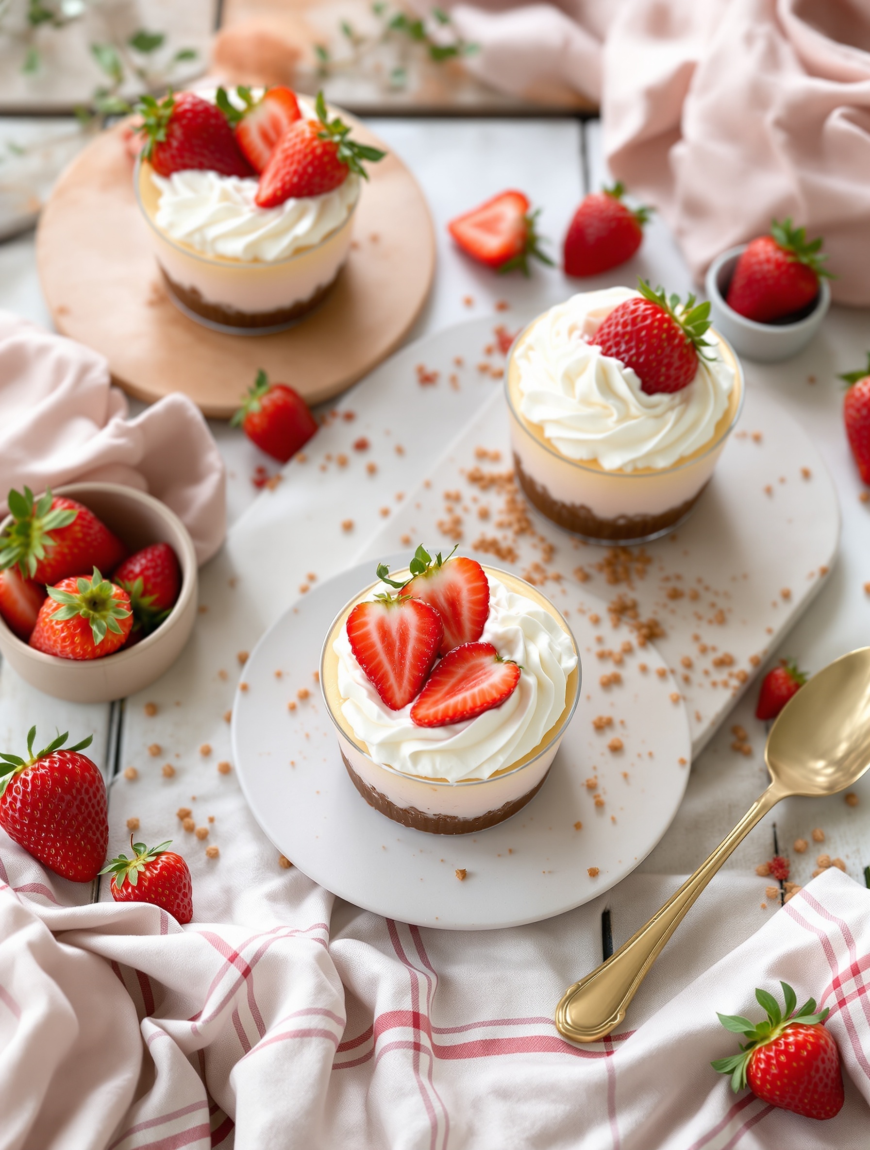 No-bake strawberry cheesecake cups with fresh strawberries and whipped cream on a table.
