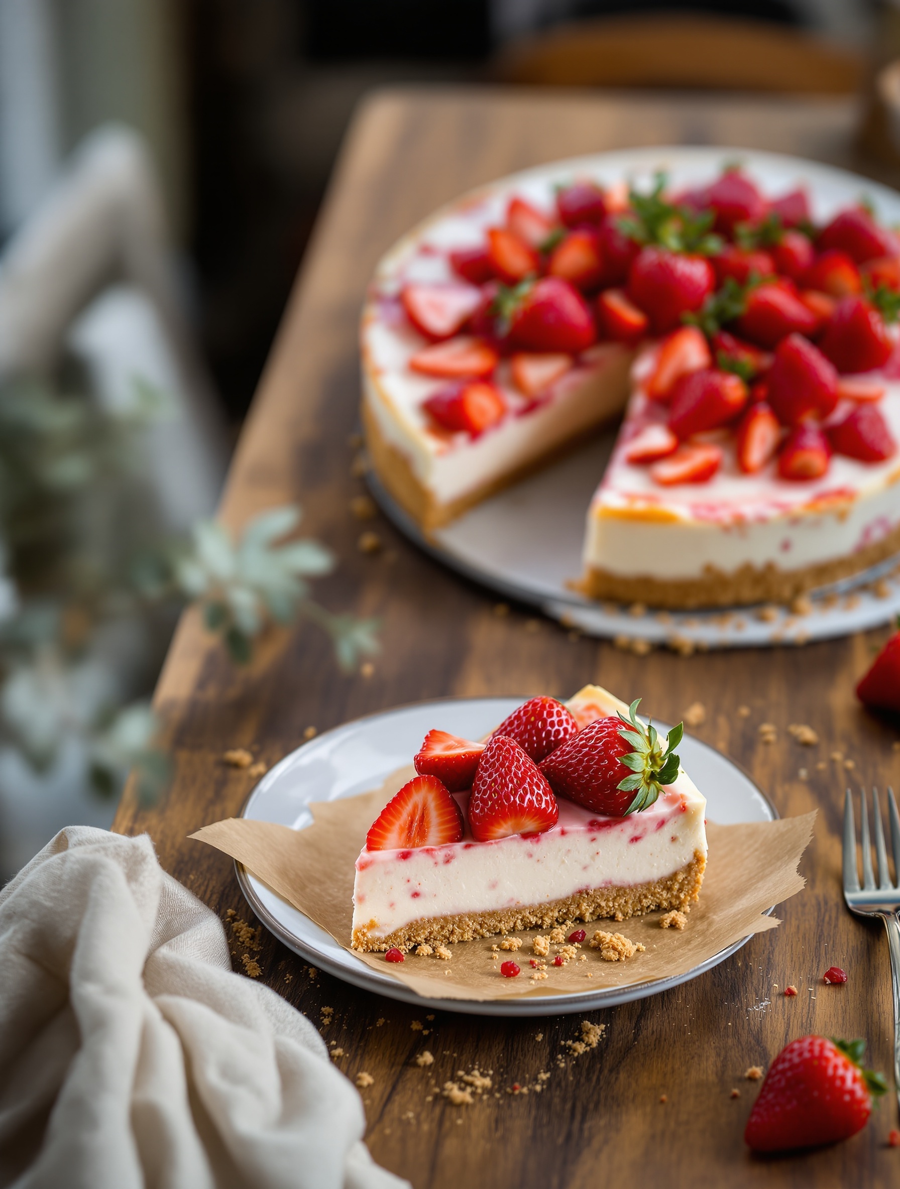 A slice of no-bake strawberry cheesecake on a plate, garnished with fresh strawberries, with the whole cheesecake in the background.