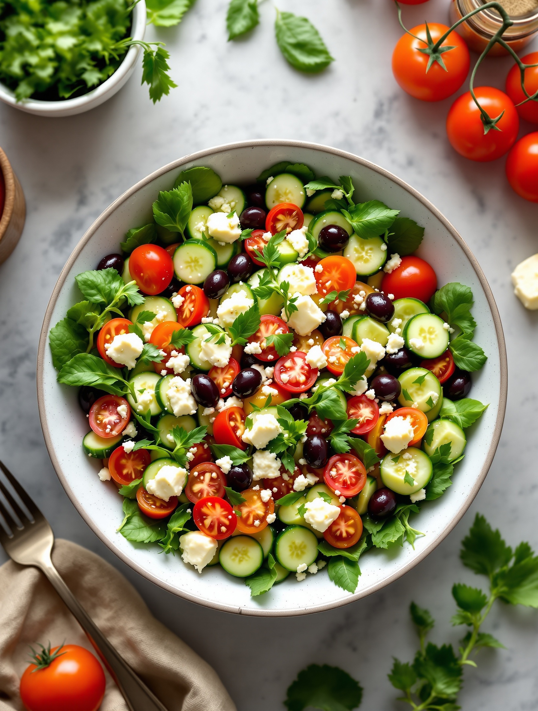 A colorful Mediterranean salad with cherry tomatoes, cucumbers, olives, feta cheese, and fresh herbs.