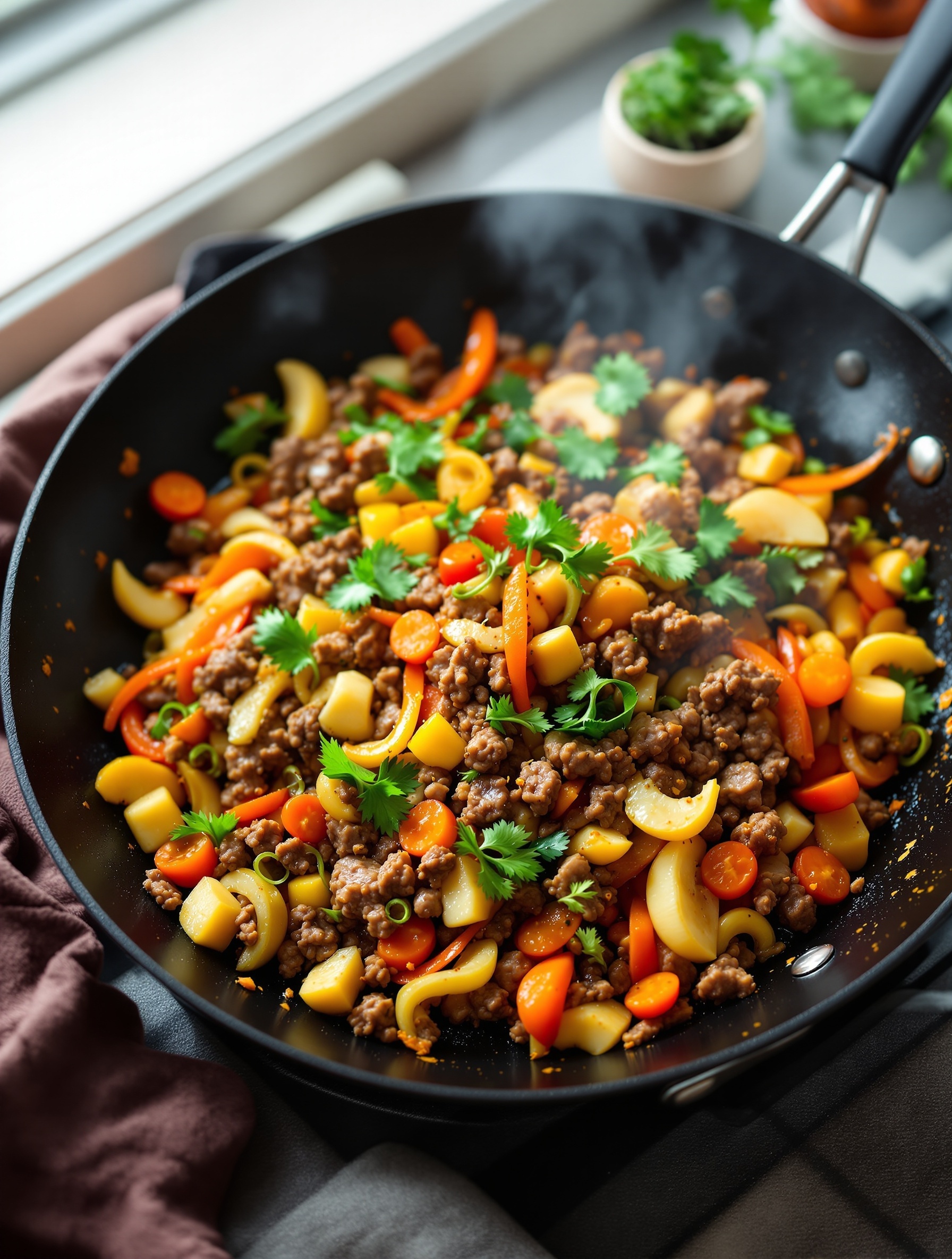 A colorful one-pan beef and vegetable stir-fry with ground beef, bell peppers, and carrots.