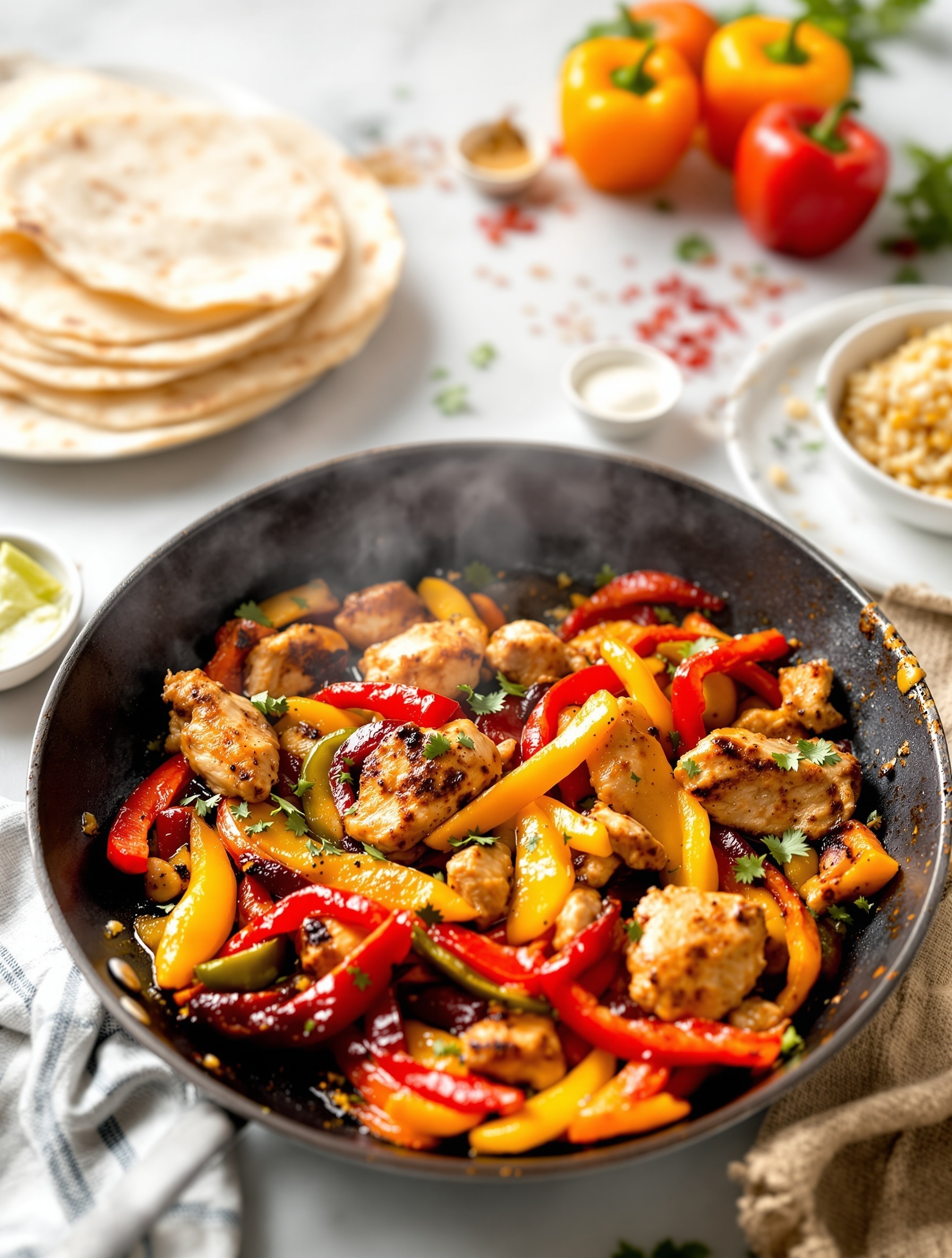 A vibrant one-pan fajitas dish with chicken, colorful bell peppers, and tortillas on the side.