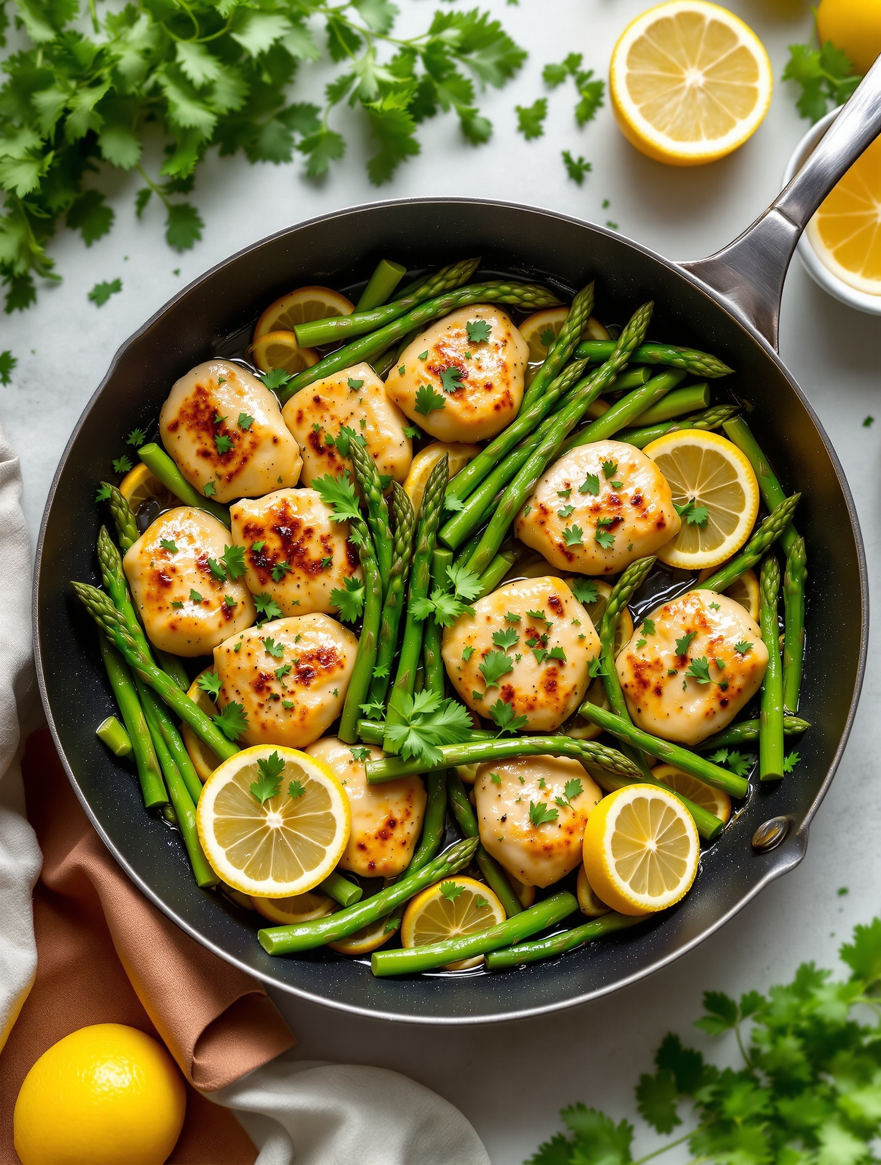 One-pan lemon garlic chicken with asparagus in a skillet, garnished with cilantro and lemon slices.