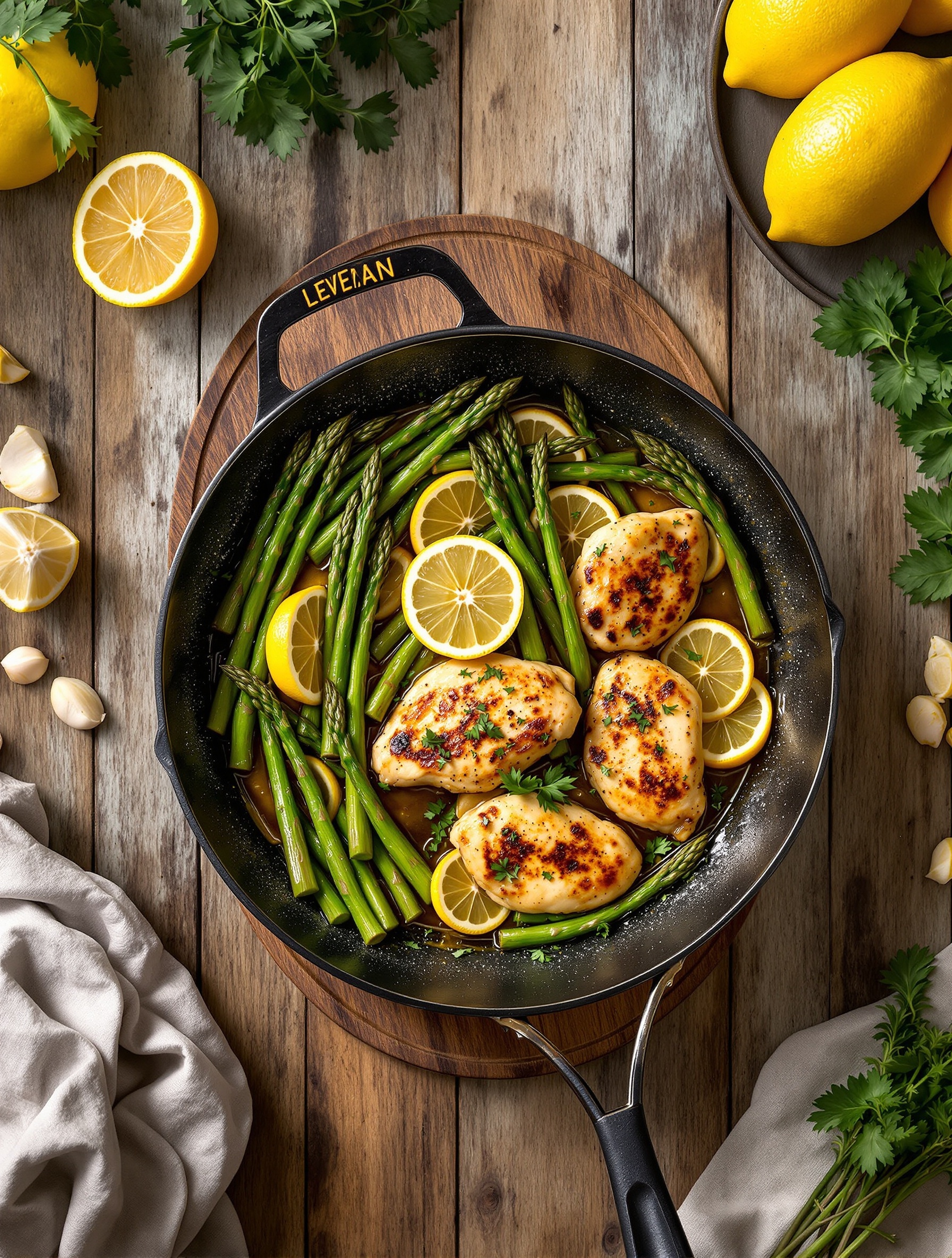 One-Pan Lemon Garlic Chicken and Asparagus with fresh herbs and lemon slices