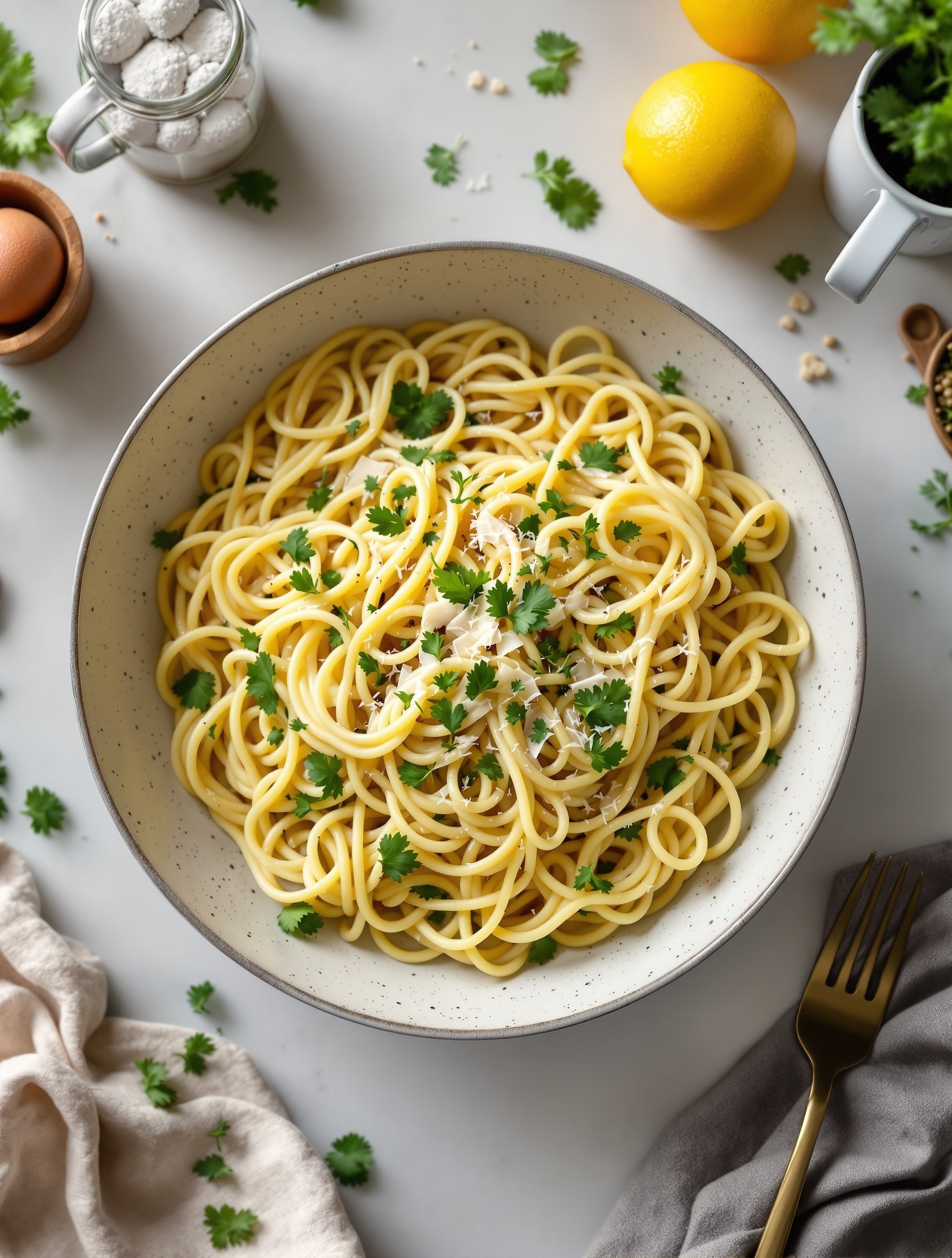 A bowl of lemon garlic pasta topped with fresh herbs and lemon slices, surrounded by cooking ingredients.