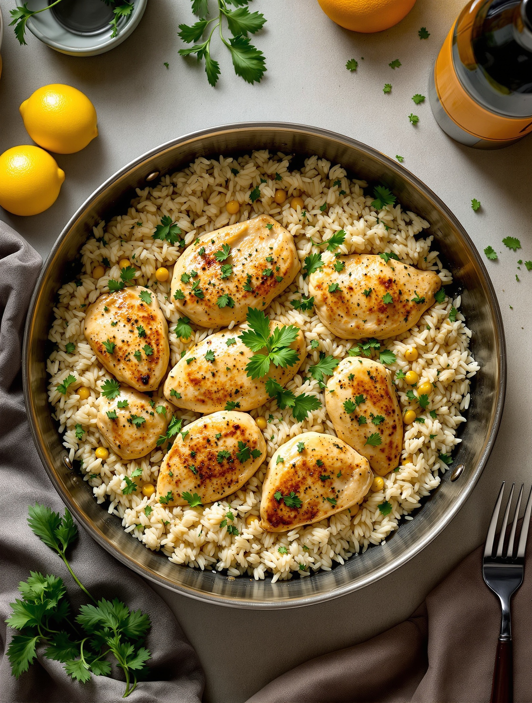 One-Pan Lemon Herb Chicken and Rice with fresh herbs and lemons