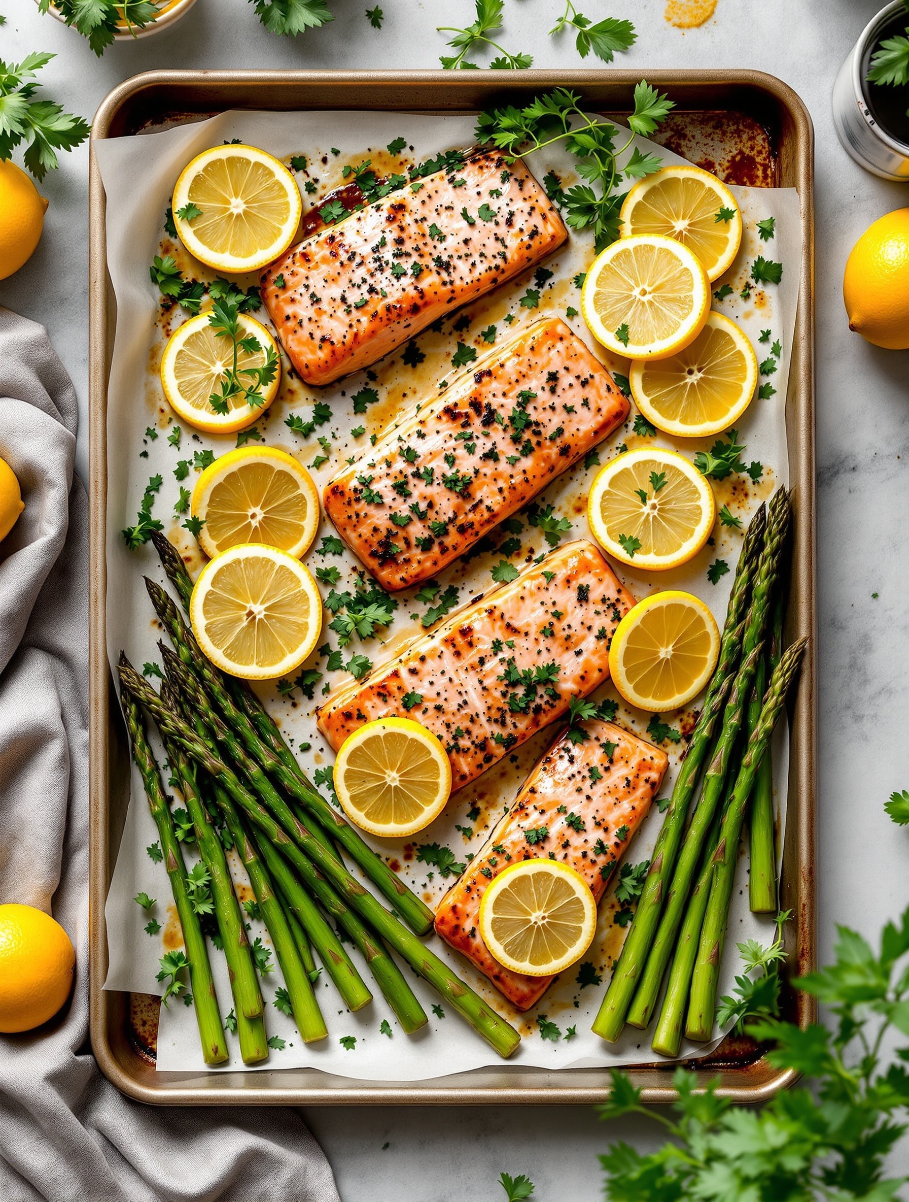 A tray of baked salmon fillets with lemon slices and asparagus, garnished with fresh herbs.