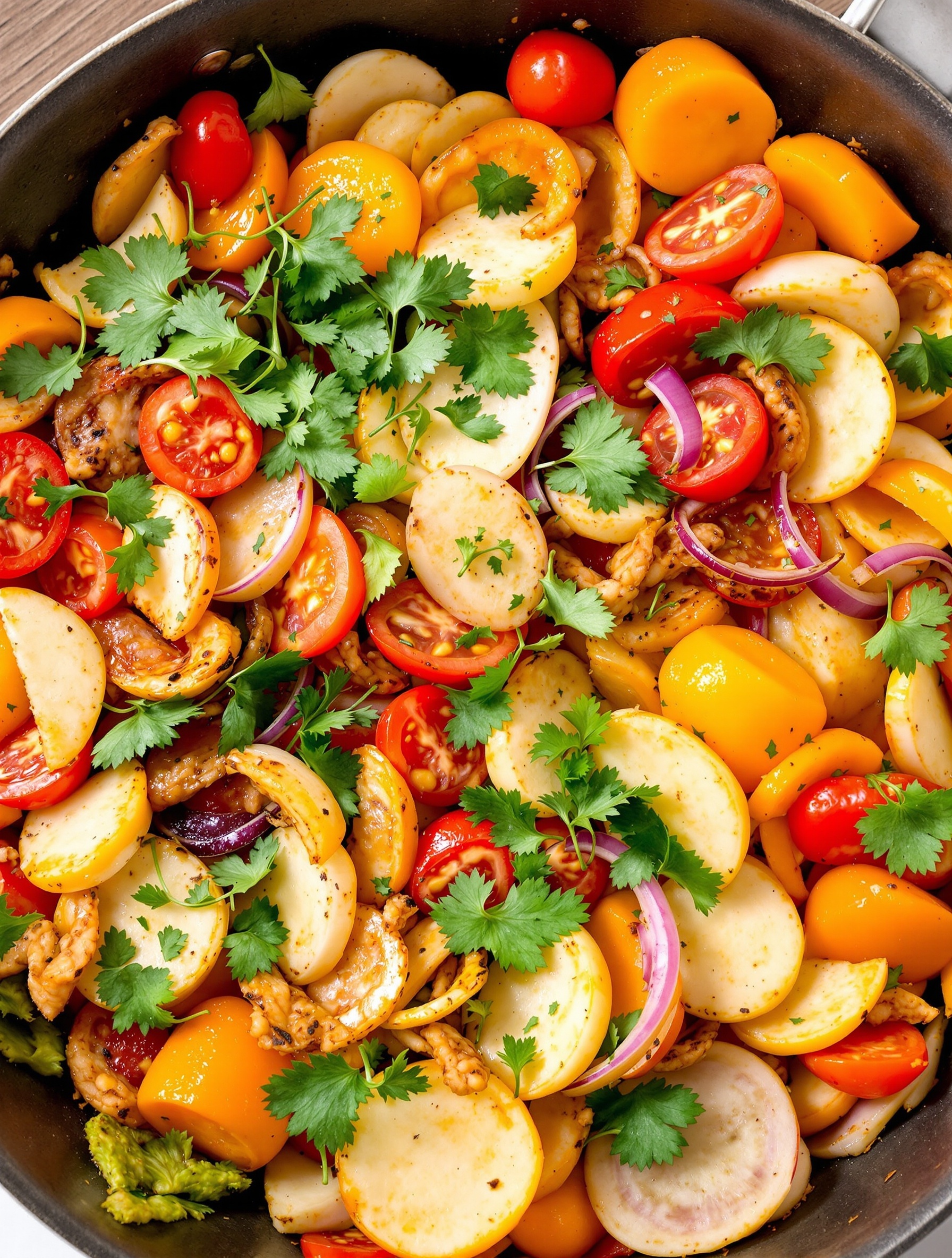A vibrant one-pan ratatouille with colorful vegetables including zucchini, bell peppers, cherry tomatoes, and potatoes, garnished with cilantro.