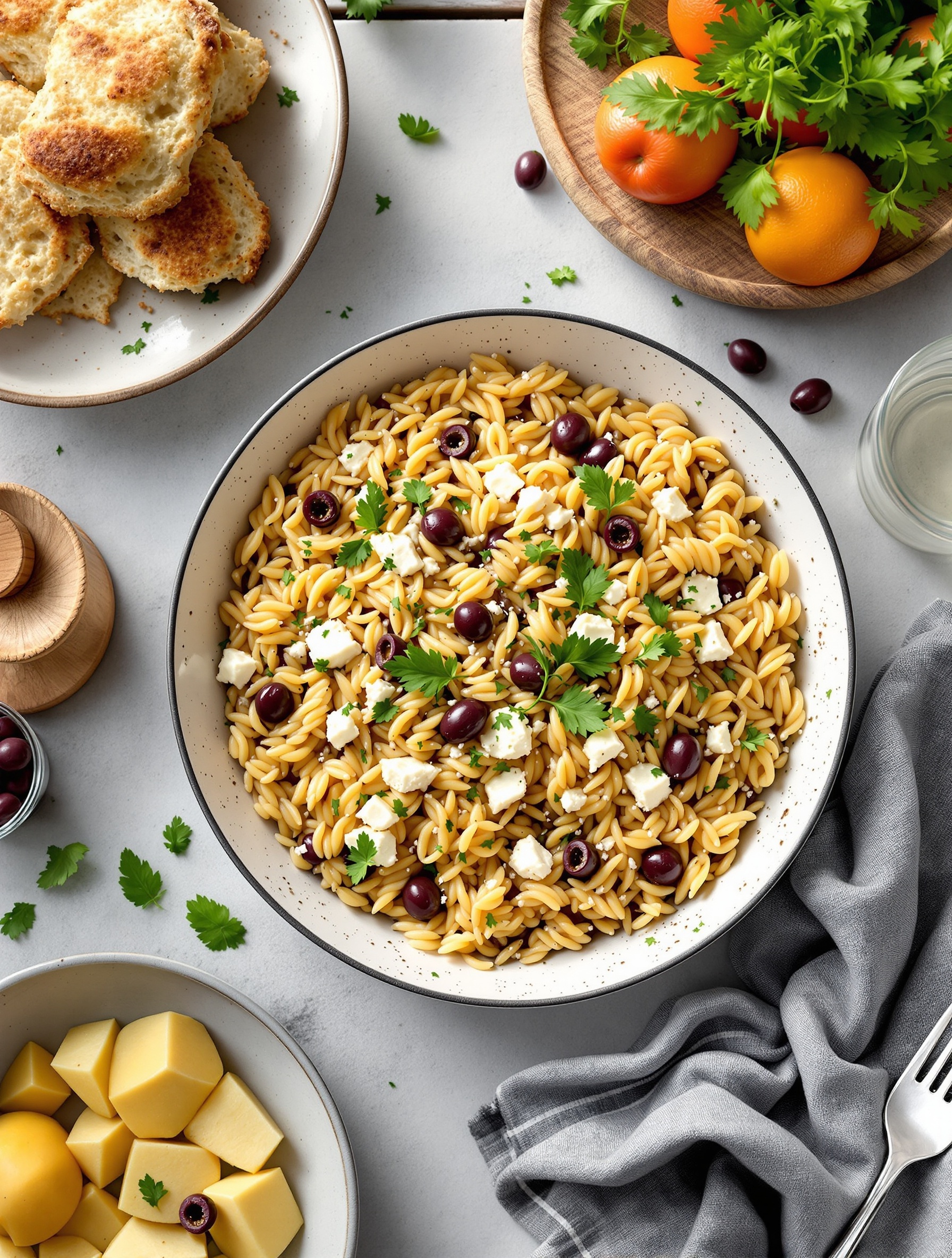 A bowl of Mediterranean orzo pasta with feta, olives, and fresh herbs, accompanied by bread and oranges.