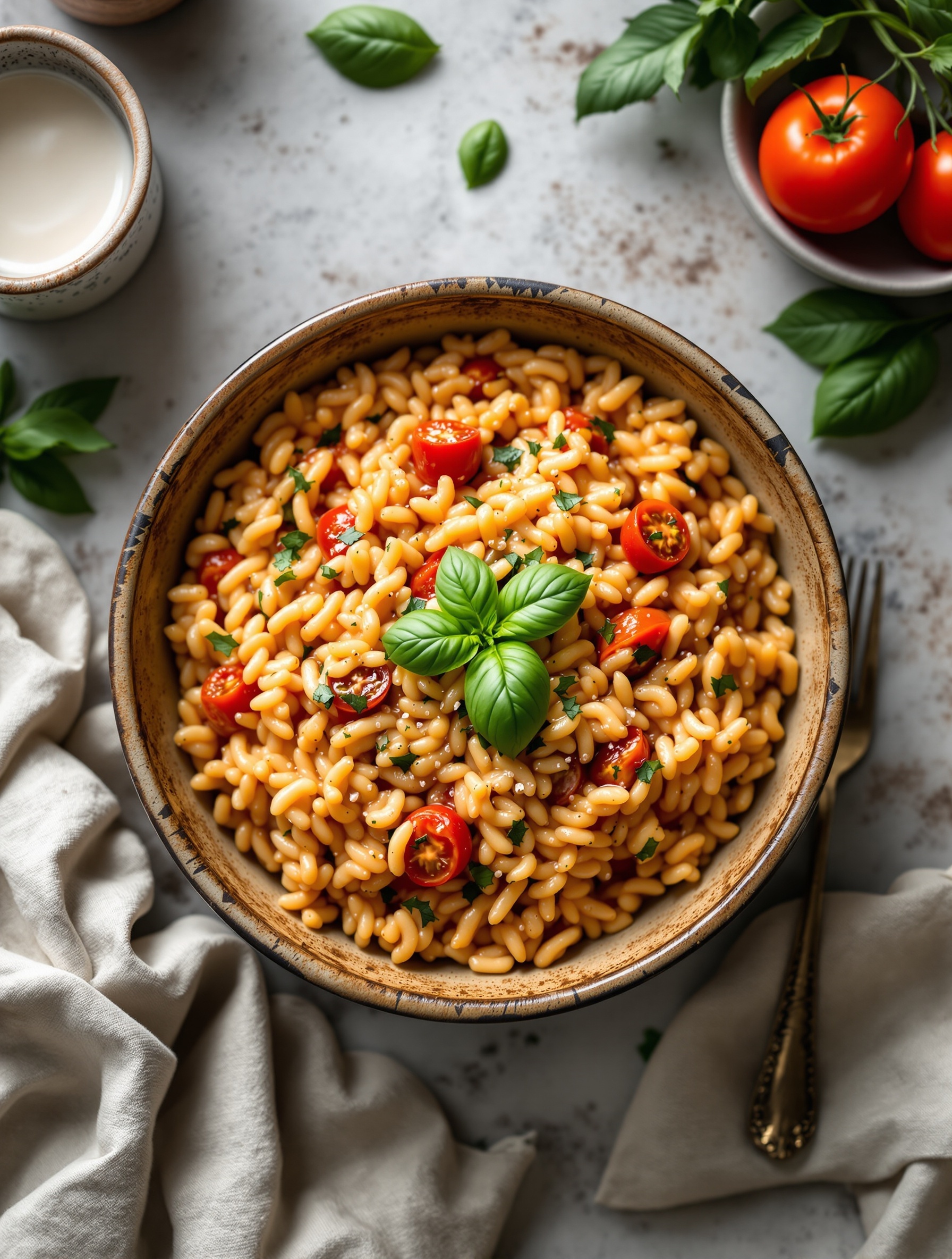 A bowl of creamy tomato basil risotto topped with fresh basil leaves and cherry tomatoes.