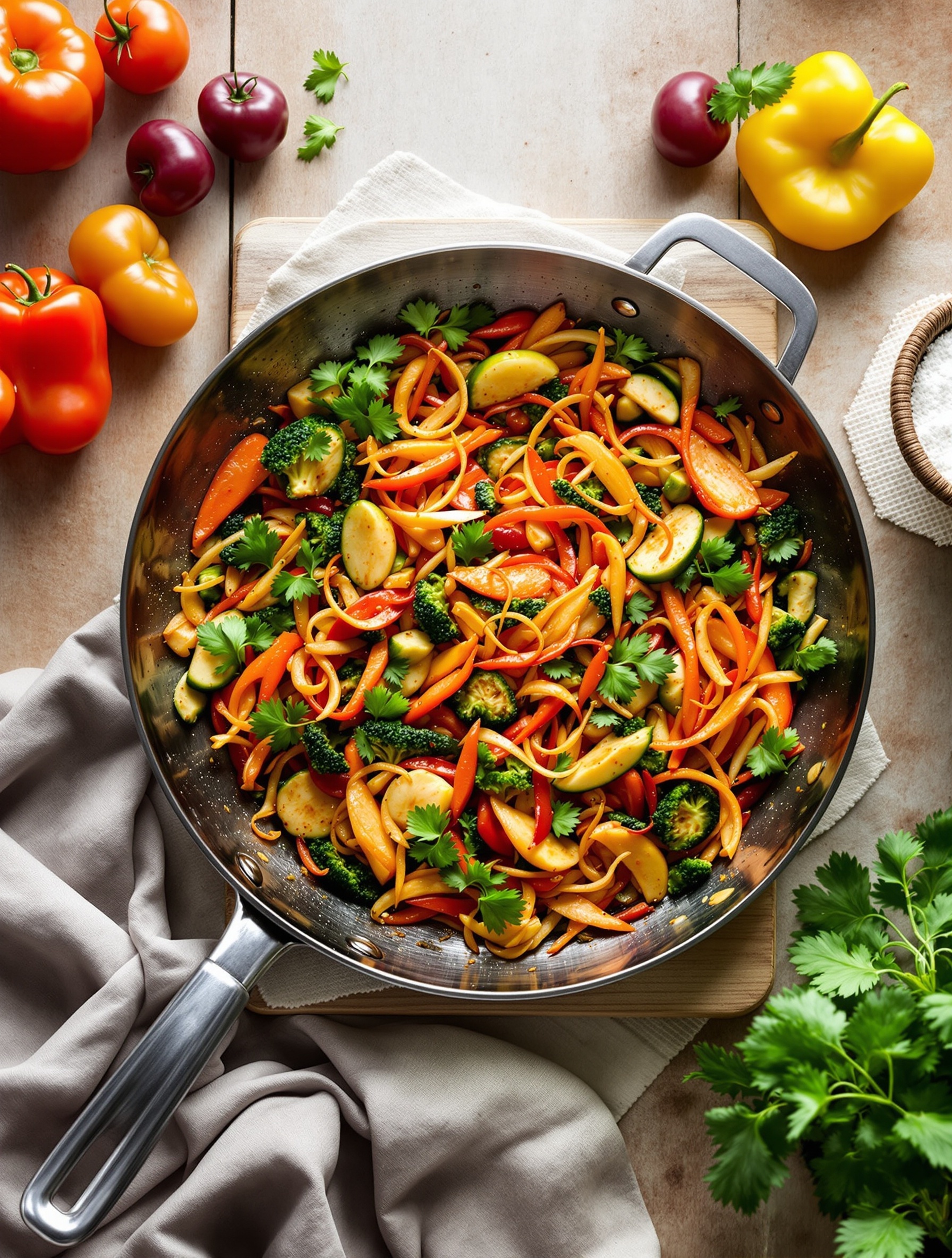A colorful one-pot vegetable stir-fry with bell peppers, zucchini, and broccoli in a skillet.