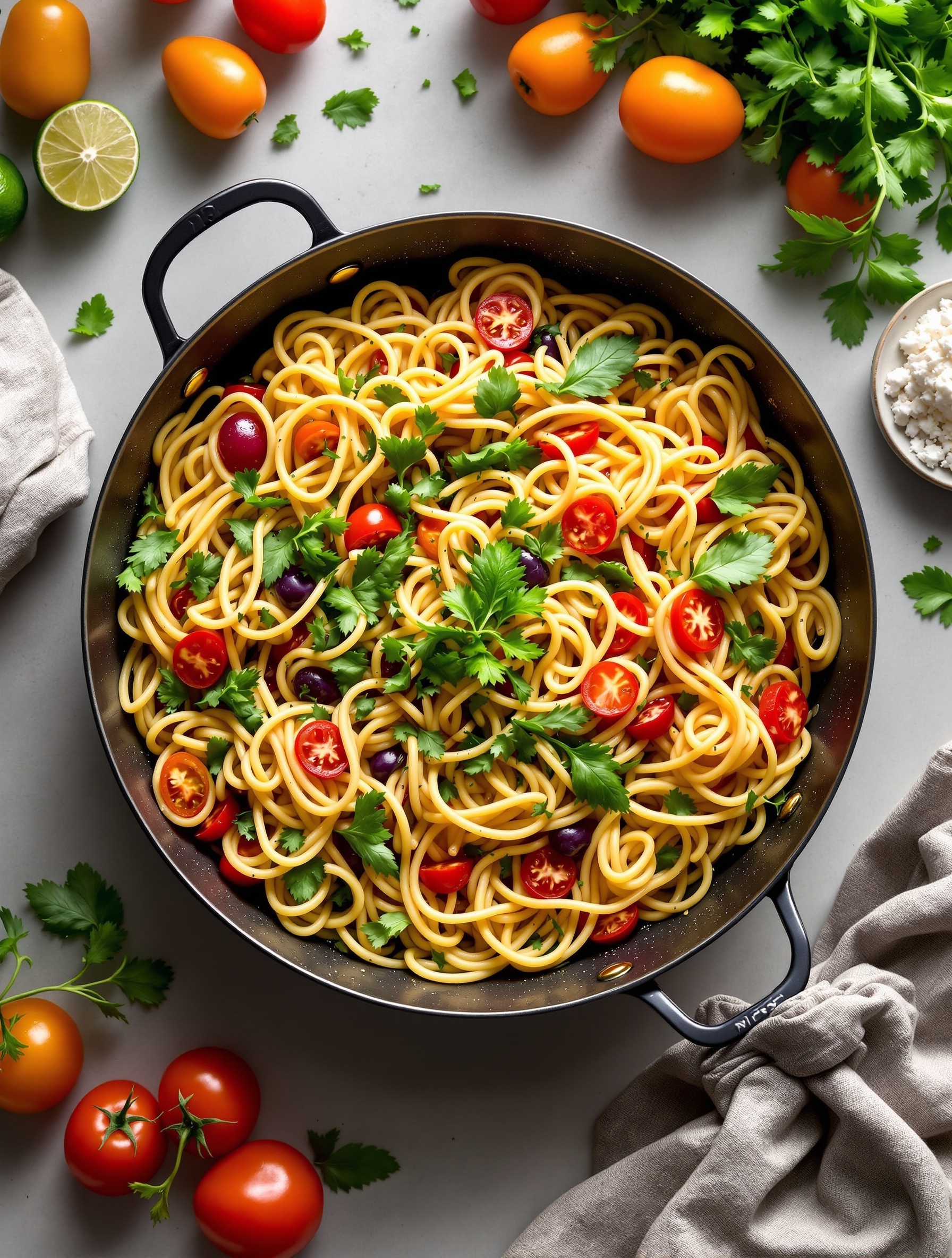 A colorful bowl of Pasta Primavera with cherry tomatoes, olives, and cilantro.