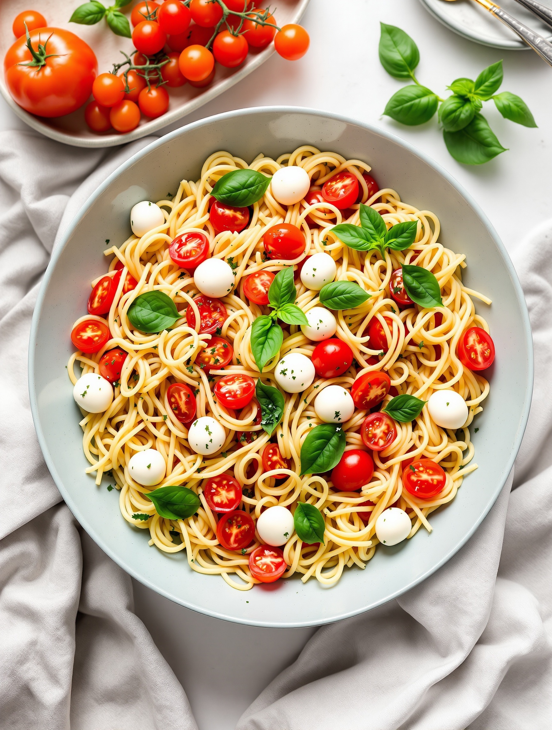 A bowl of pasta salad with cherry tomatoes, mozzarella balls, and fresh basil.