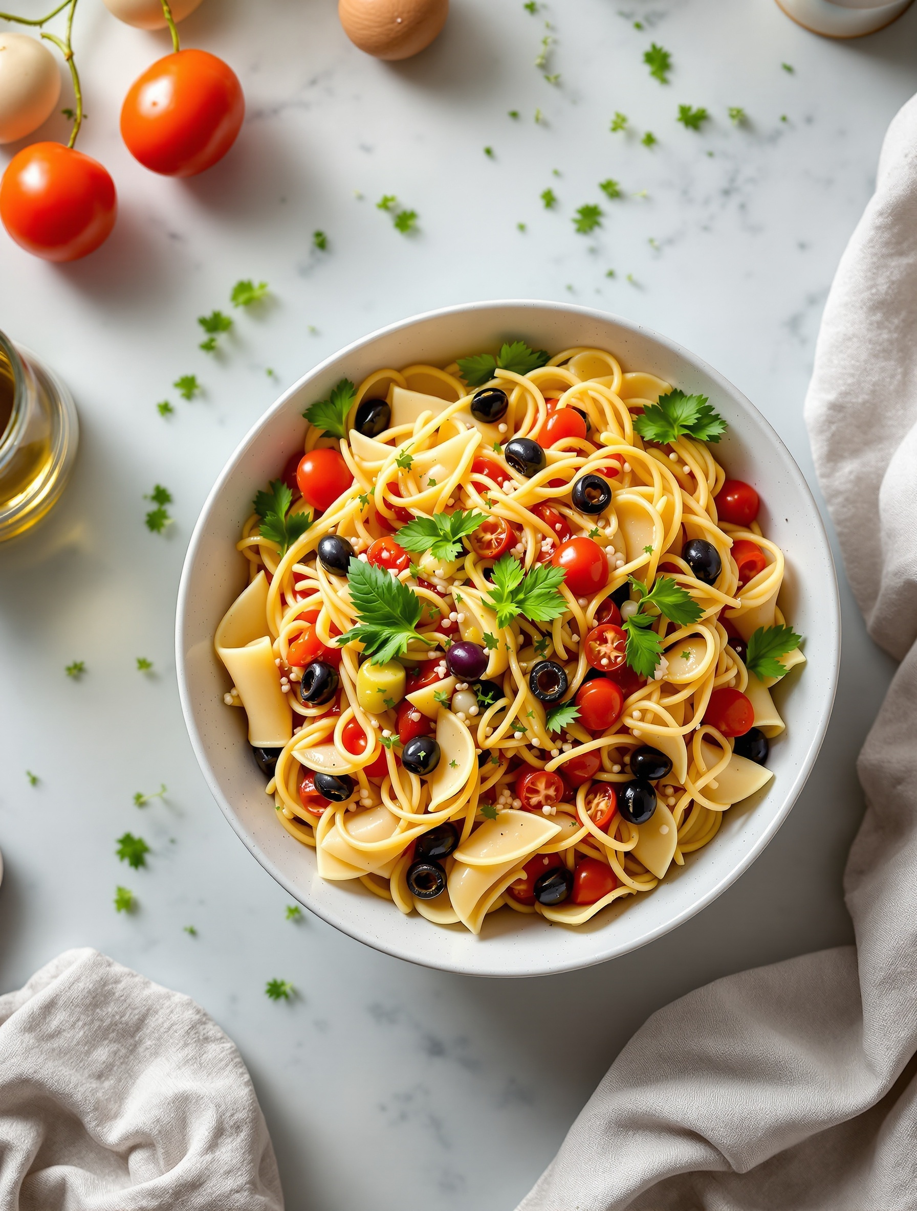 A colorful bowl of pasta salad with cherry tomatoes, black olives, and fresh herbs.
