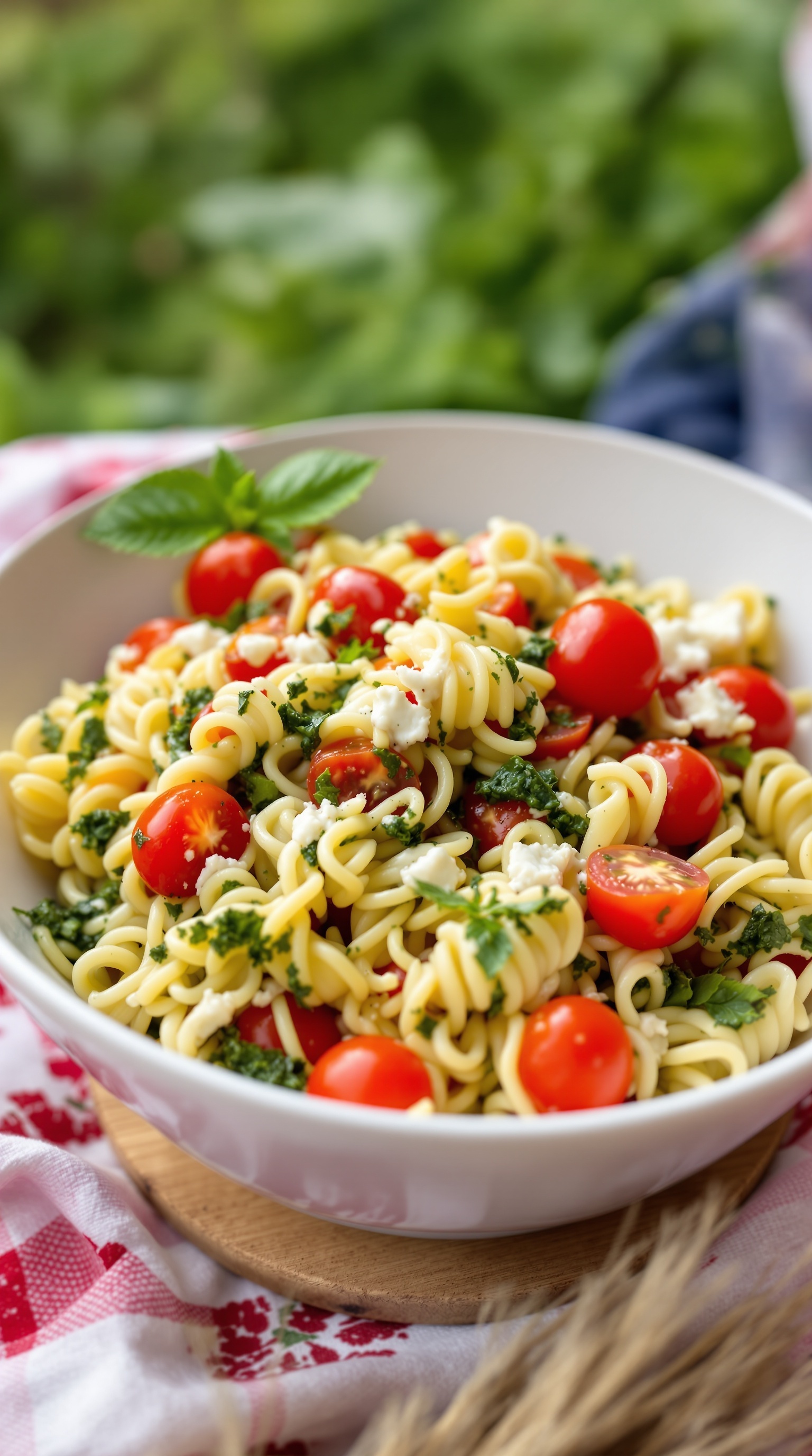 A bowl of pasta salad with pesto and cherry tomatoes, garnished with fresh basil.