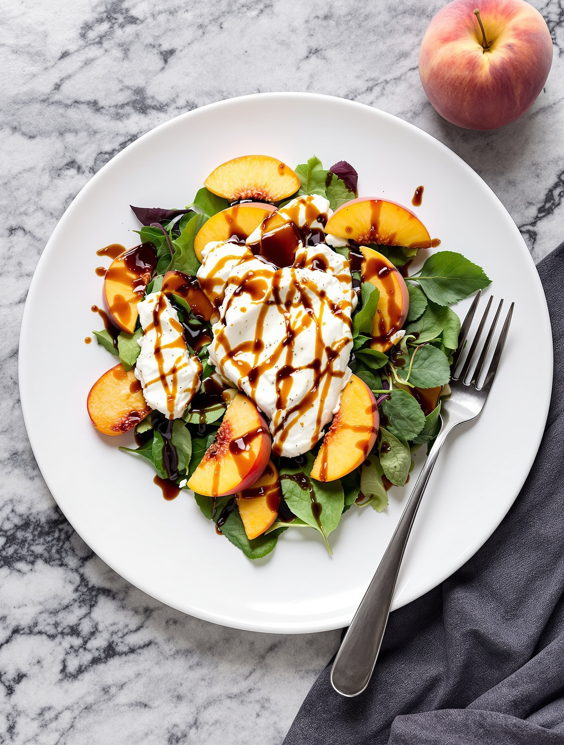 A vibrant Peach and Burrata Salad with greens, sliced peaches, and creamy burrata cheese drizzled with balsamic reduction.