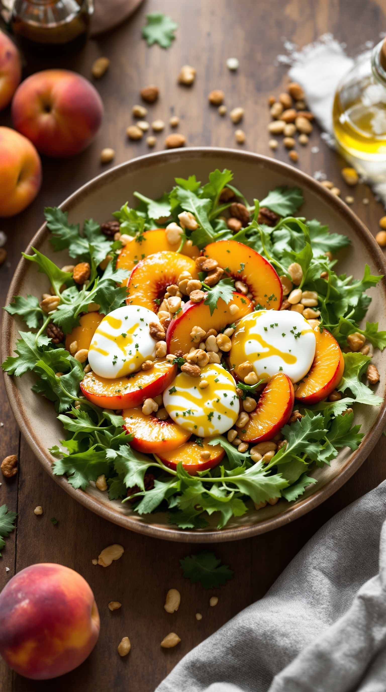 A vibrant Peach and Burrata Salad with greens, sliced peaches, nuts, and creamy burrata cheese.