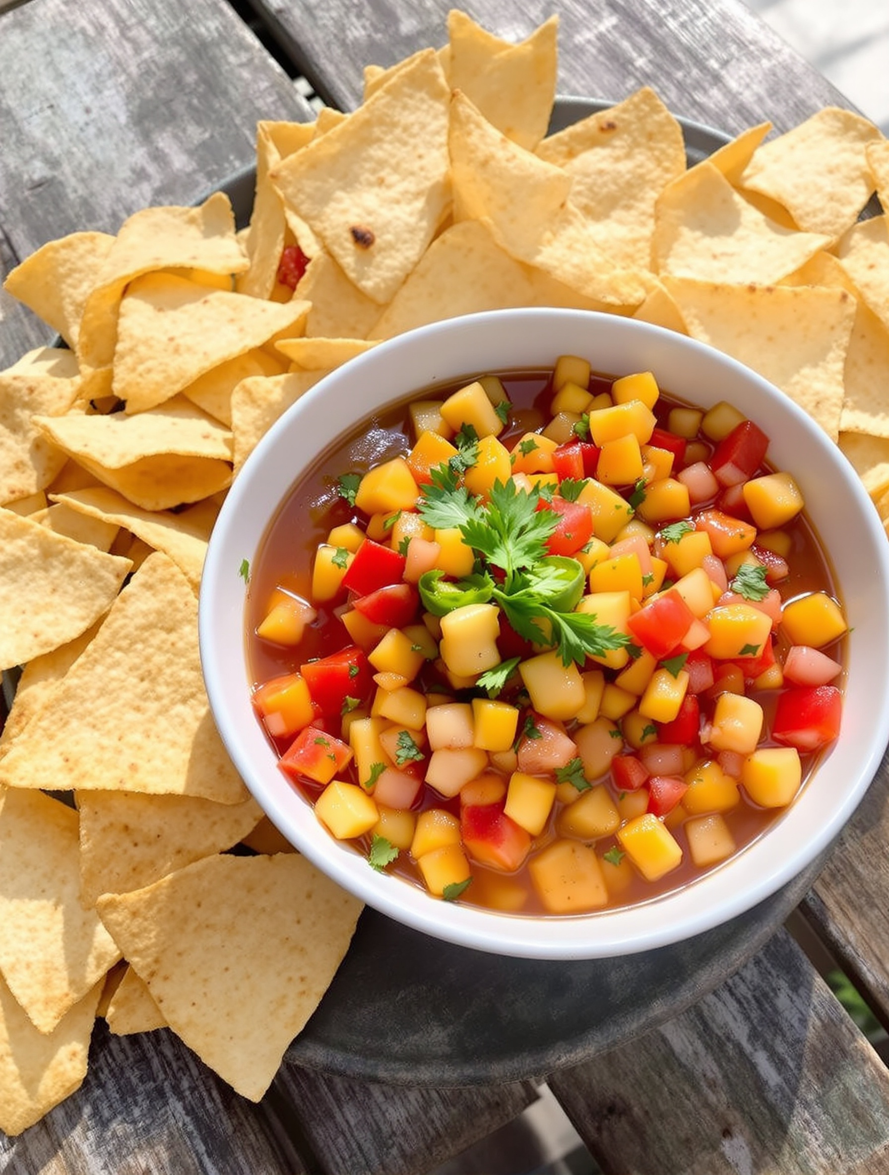 A bowl of peach and jalapeño salsa surrounded by tortilla chips on a wooden table.