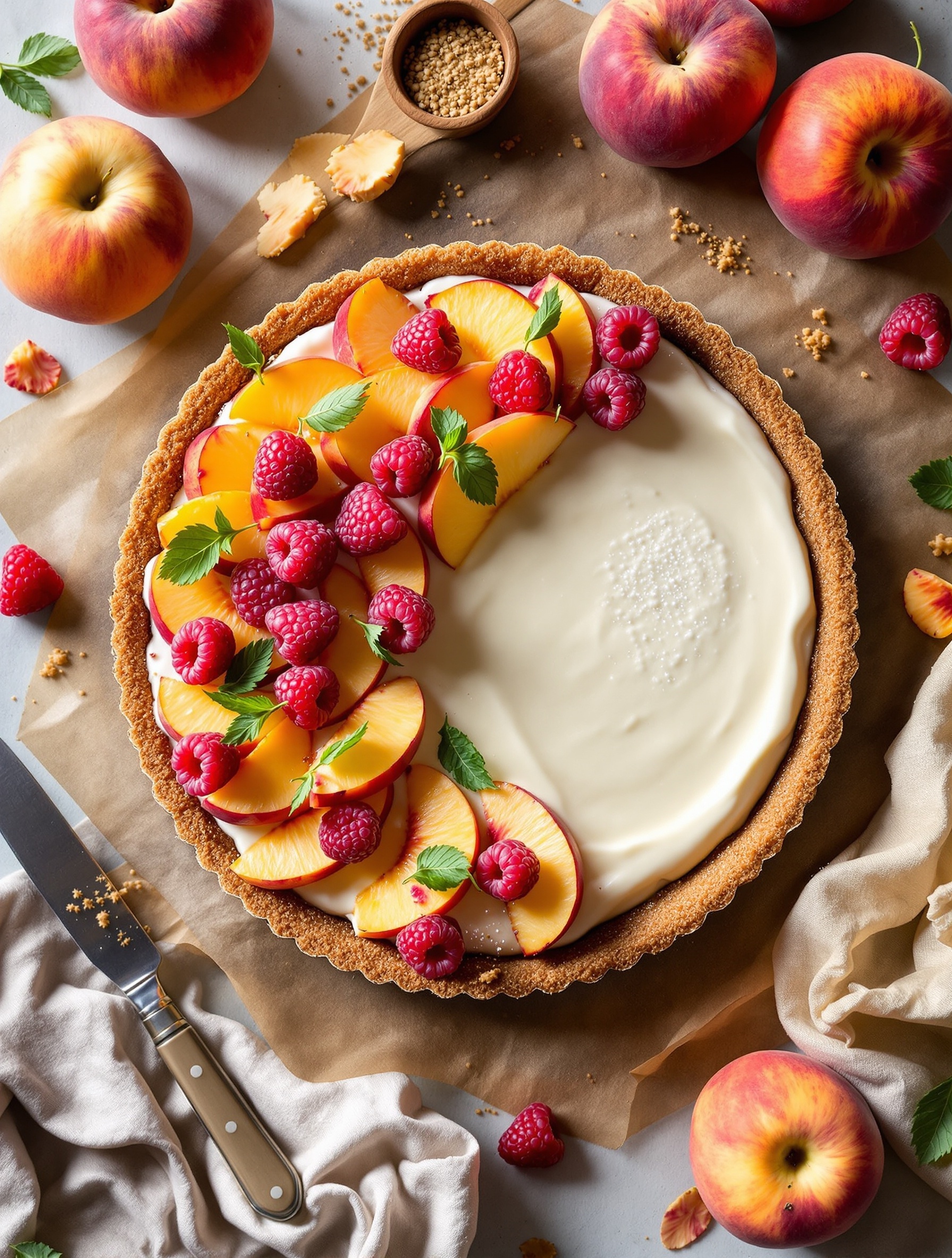 A beautiful Peach and Raspberry Tart topped with fresh fruit and mint leaves.