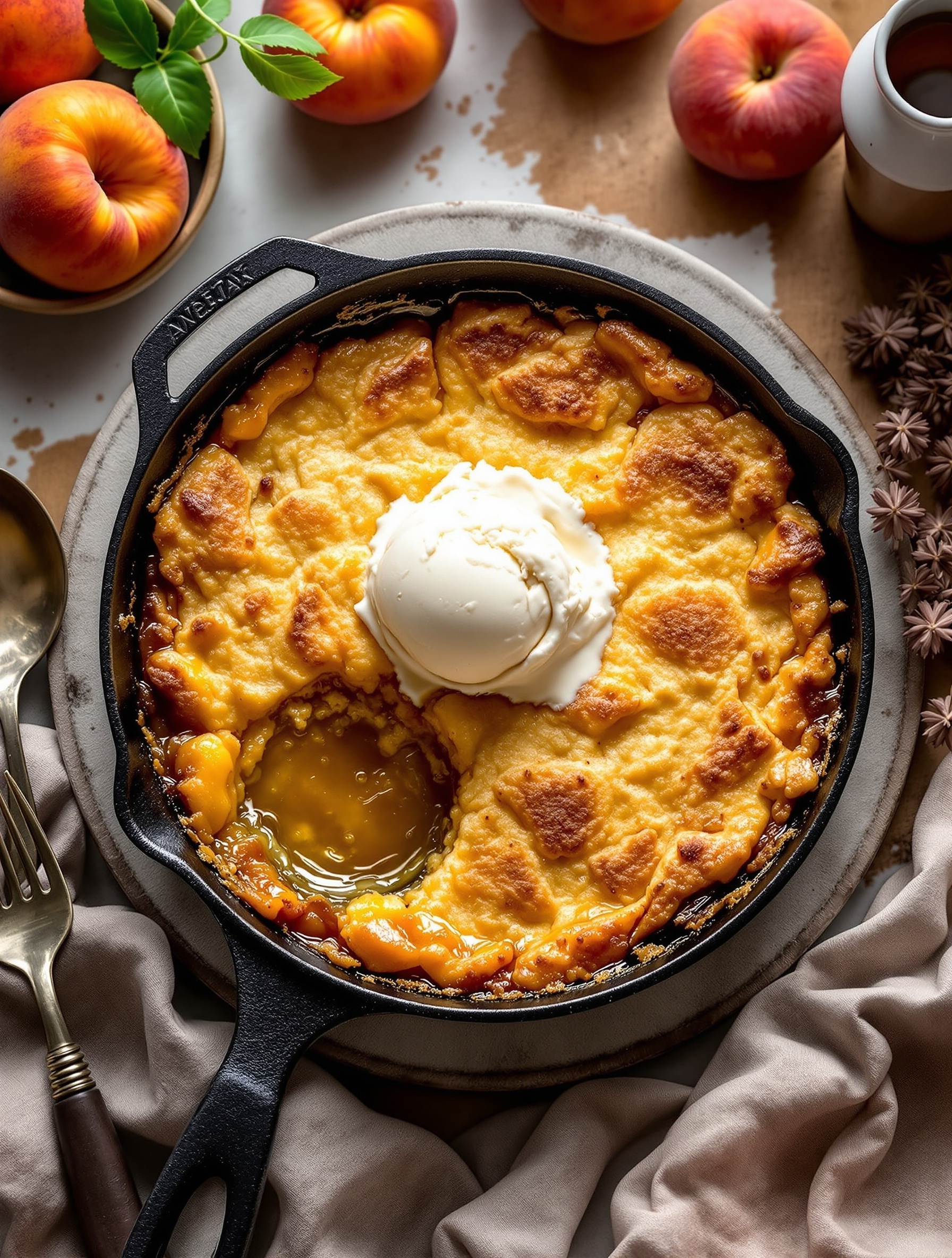 A delicious peach cobbler served in a cast iron skillet, topped with a scoop of vanilla ice cream, surrounded by fresh peaches.