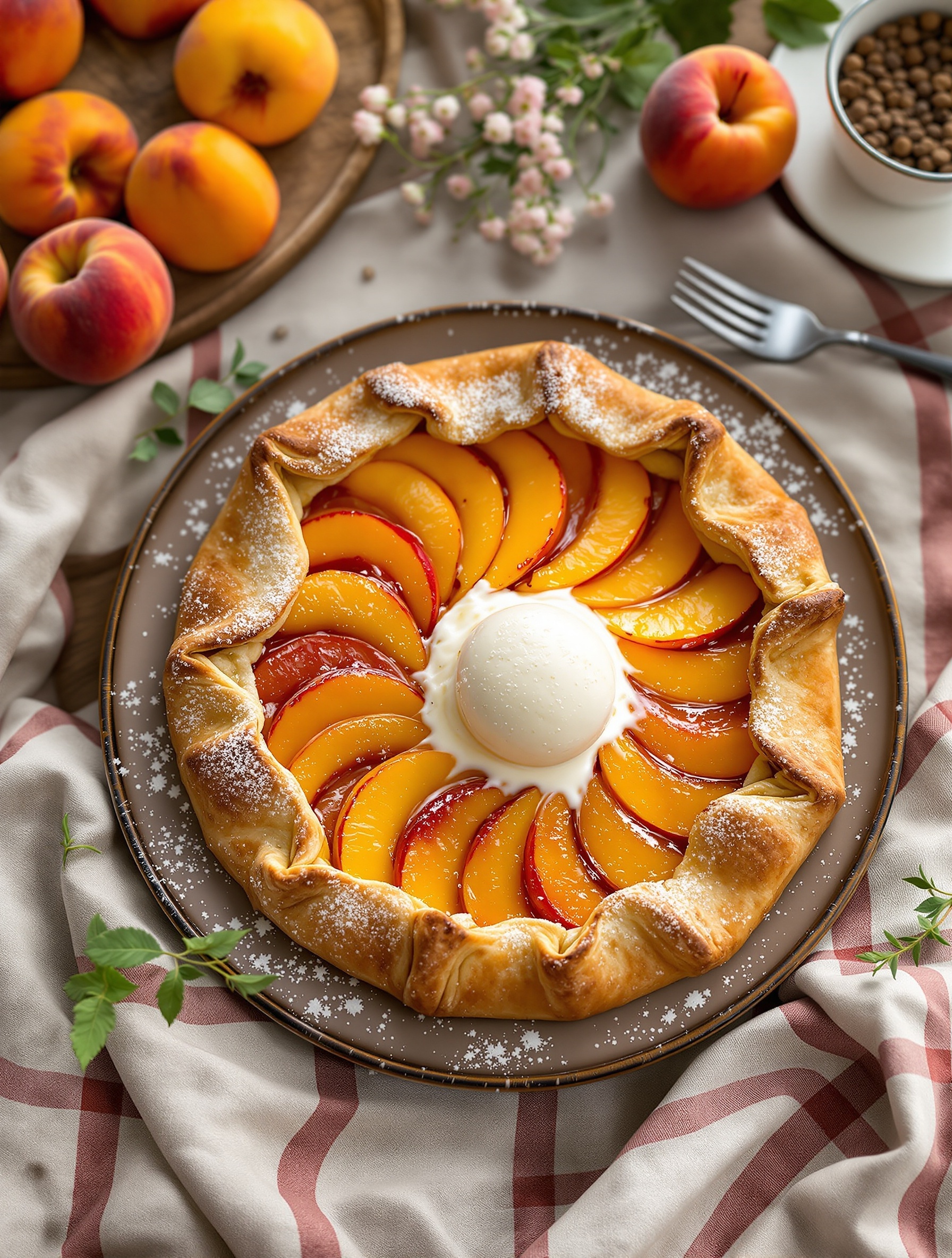 A peach galette topped with vanilla ice cream, surrounded by fresh peaches and greenery.