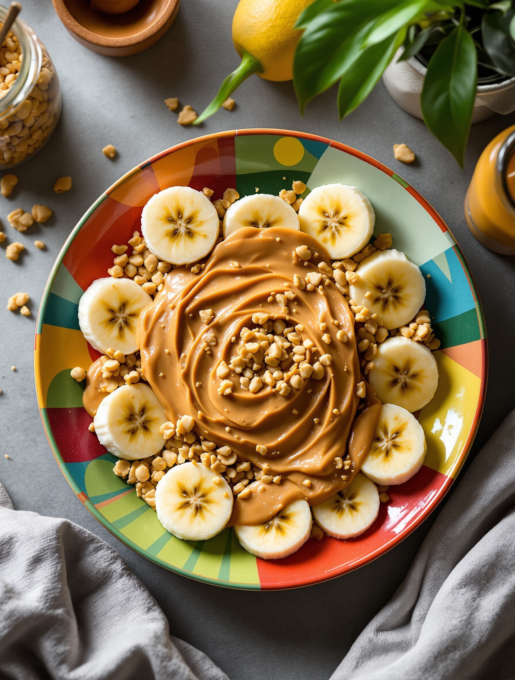 A colorful plate with banana slices topped with peanut butter and chopped nuts.
