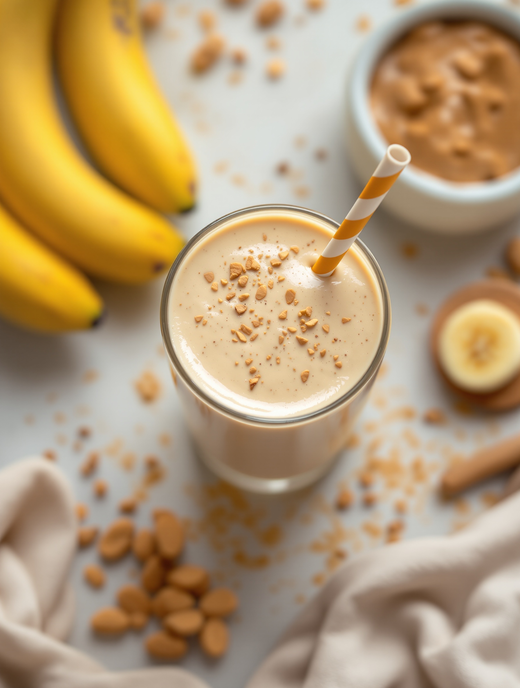 A delicious peanut butter banana smoothie topped with crushed peanuts, surrounded by bananas and peanut butter.